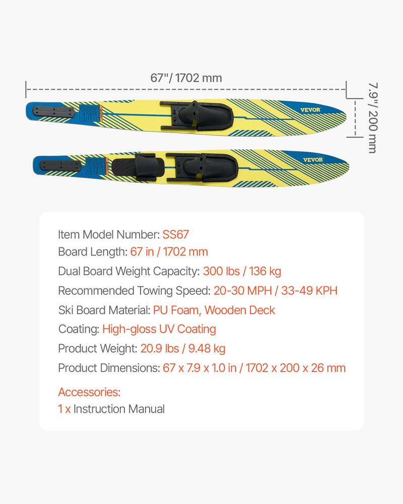 VEVOR 67" Water Skis, Adult Water Ski with X-9 Adjustable Horseshoe Bindings & Padded Rear Toe Plate, High-gloss UV Coating Waterskis Combo for Adults Up to 300 lbs