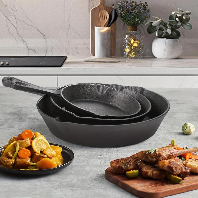 3pcs Cast Iron Cookware Set: Heavy-Duty Non-Stick Pan, Multi-functional Frying Pan, Skillet, And Baking Dish, Suitable for Kitchen & Outdoor Use - Perfect for Cooking Steak & Chicken.