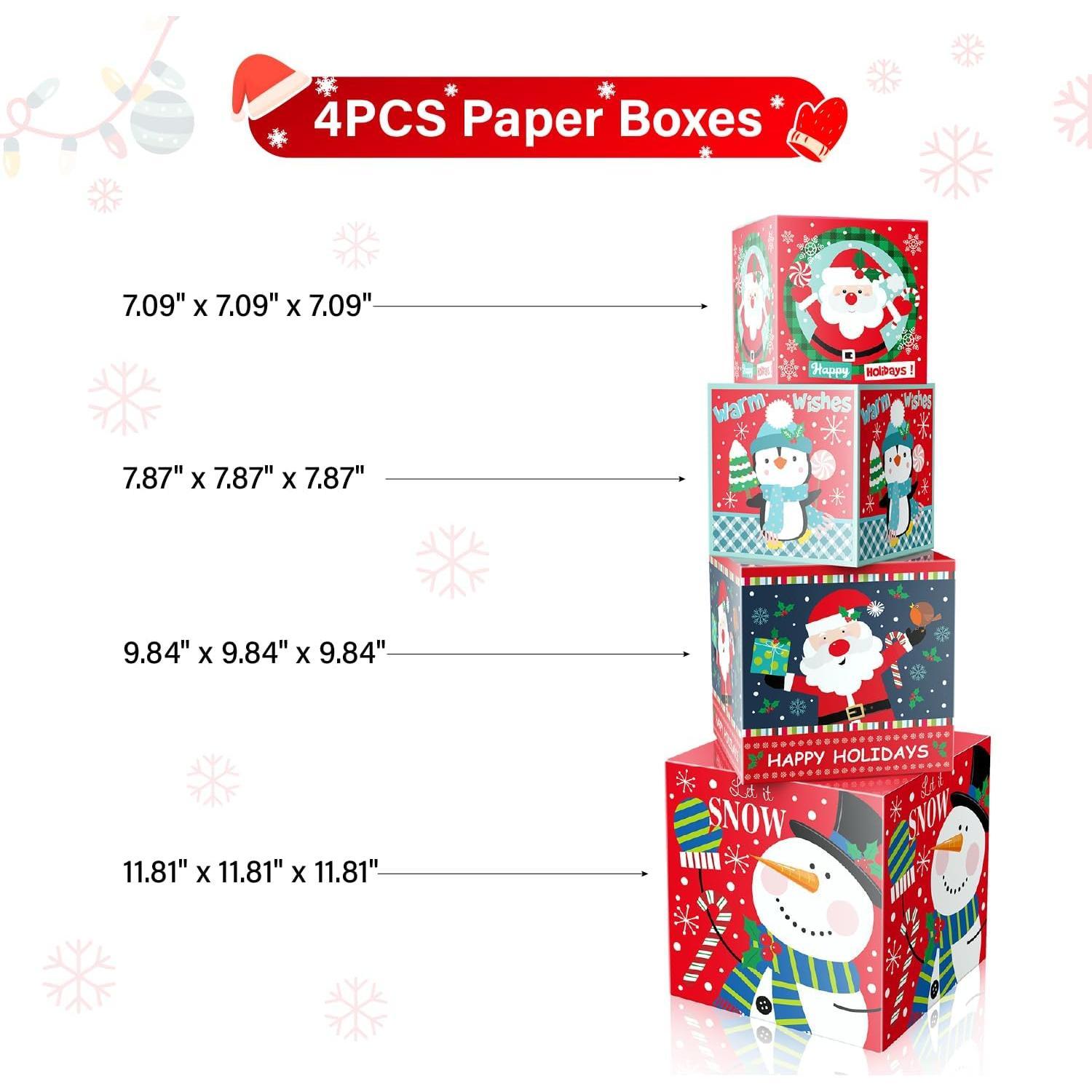 Christmas  Box with Lid - 4-Pack Stackable Square Decorative Box Set Assortment - Red