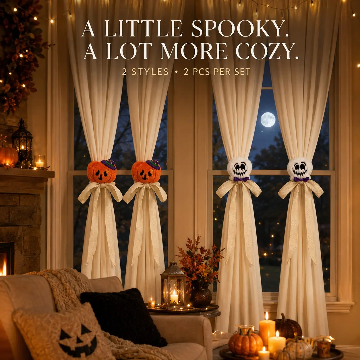 2pcs Halloween Curtain Tiebacks, Plush Pumpkin or Ghost Pin-On Holders, Long Woven Straps, Spooky Cozy Window Decor for Home Decor