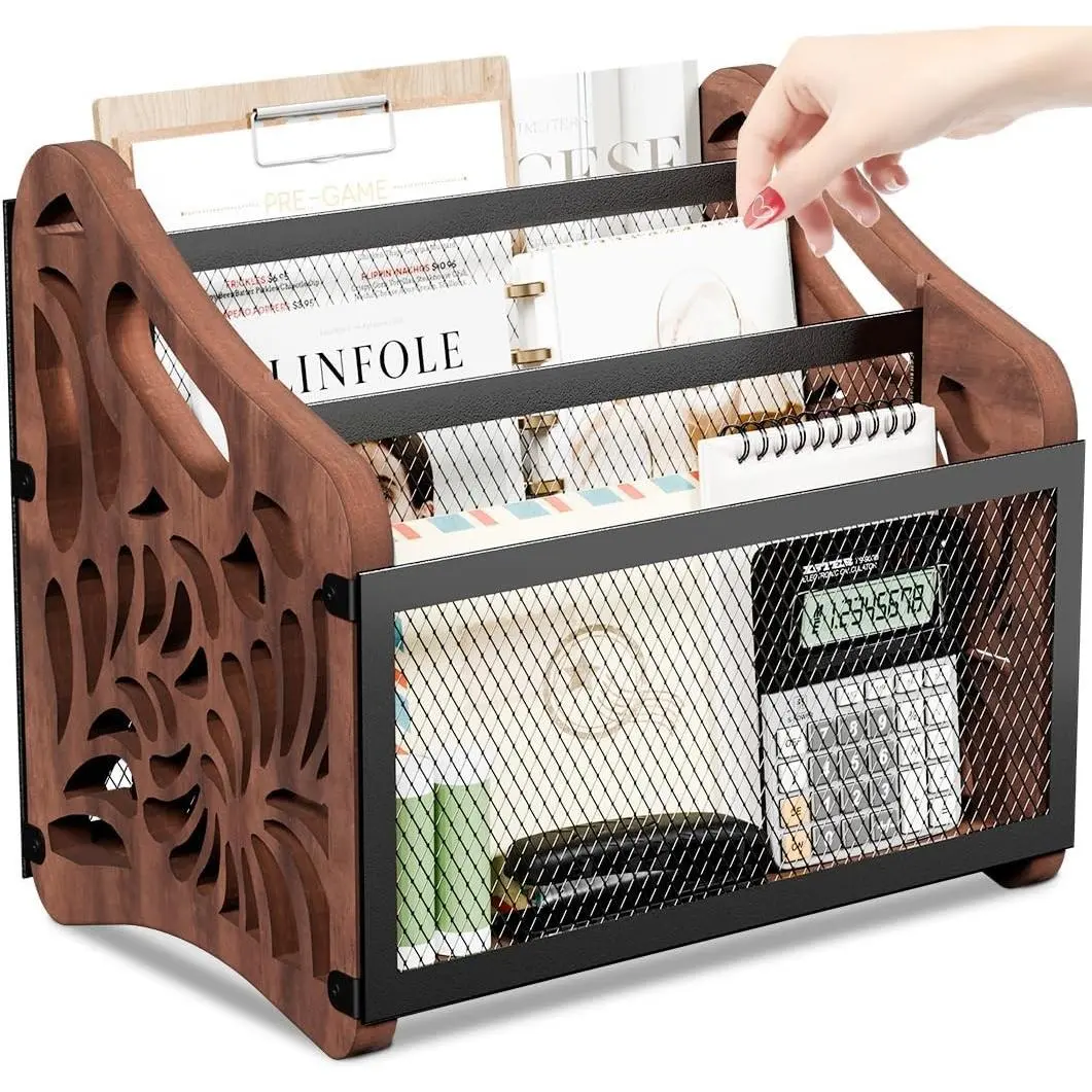 Rustic Wooden 3-Compartment Floor Magazine Rack, Freestanding Storage Organizer Basket for Magazines, Books, Newspapers, Mails, Files