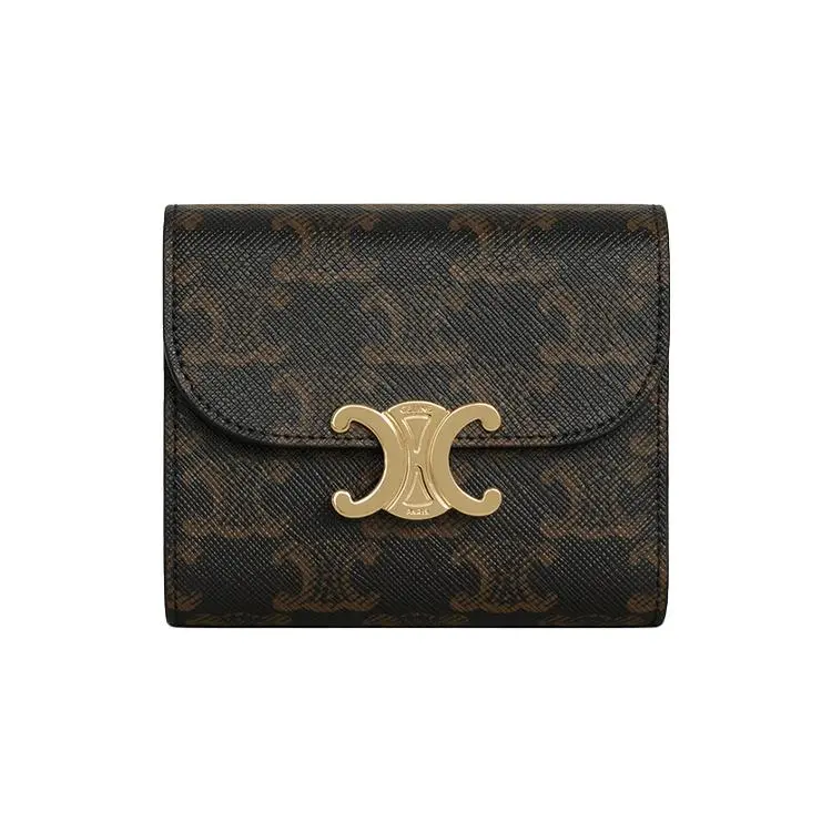 Celine Triomphe Vintage Canvas Trifold Wallet for Women – Metallic Gold-Tone Hardware, Tan