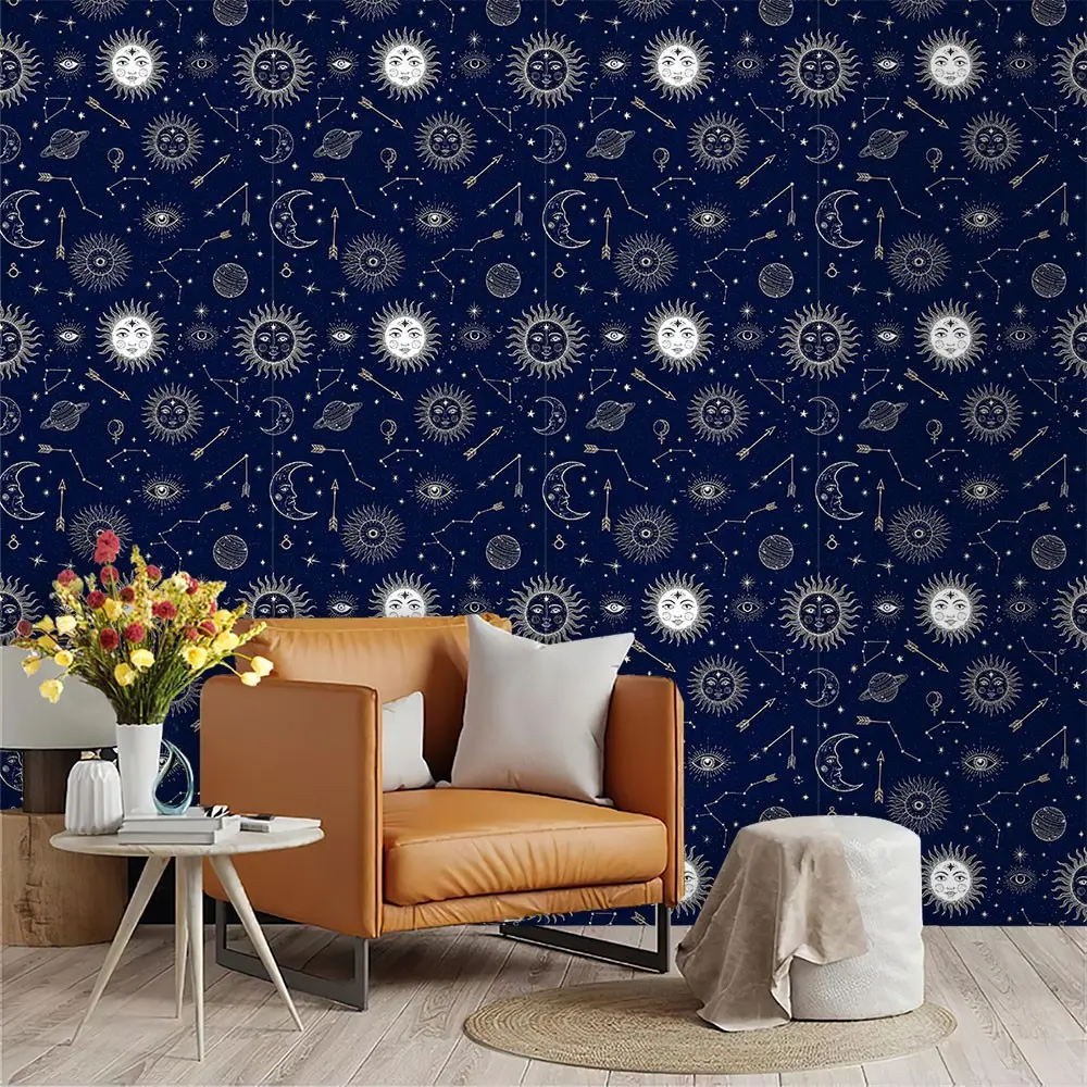 Vintage Mysterious Astrology Universe Wallpaper, Deep Blue Night Sky Pattern, PVC Material, Peel and Stick, Living Room Decor