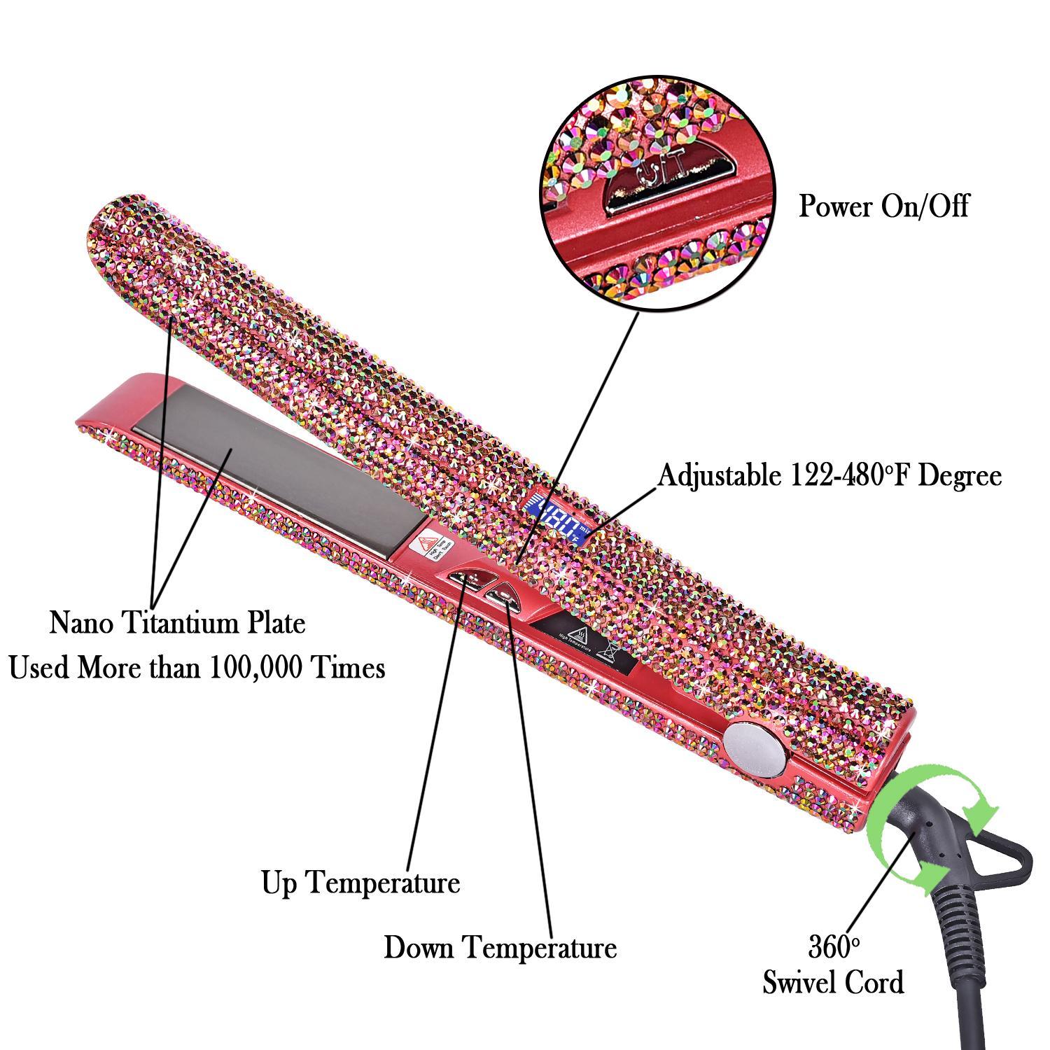 1 set Bling Rhinestone Decorated Hair Straightener,Crystal Diamond Professional Salon 480F Hair Flat Iron, Titanium Flat Iron, Silk Press, Hair Styling Tool