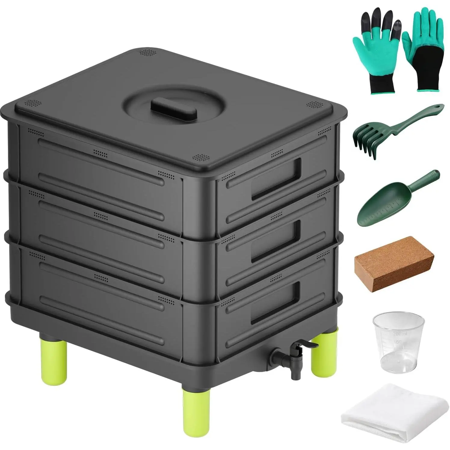 3-Layer 50L Worm Compost Bin, Worm Farm Starter Kit for Indoor & Outdoor Vermicomposting, Garden Composting Bin for Recycling Food Waste (Black)