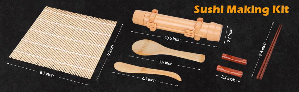 Sushi Making Kit,1 Bamboo Sushi Mat,1 Rice Bazooka, 5 Pairs of Chopsticks, 2 chopsticks holder,1 Paddle, 1 Spreader, ideal gift for Sushi making Beginner