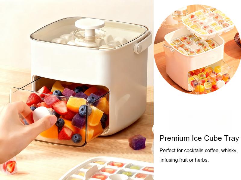 Plastic Ice Cube Trays with Bin and Scoop for Freezer, 2 Pack Easy-Release Sturdy Ice Tray with Lid, Stackable Ice Maker Set for Whiskey, Cocktails, Iced Coffee, BPA Free, White