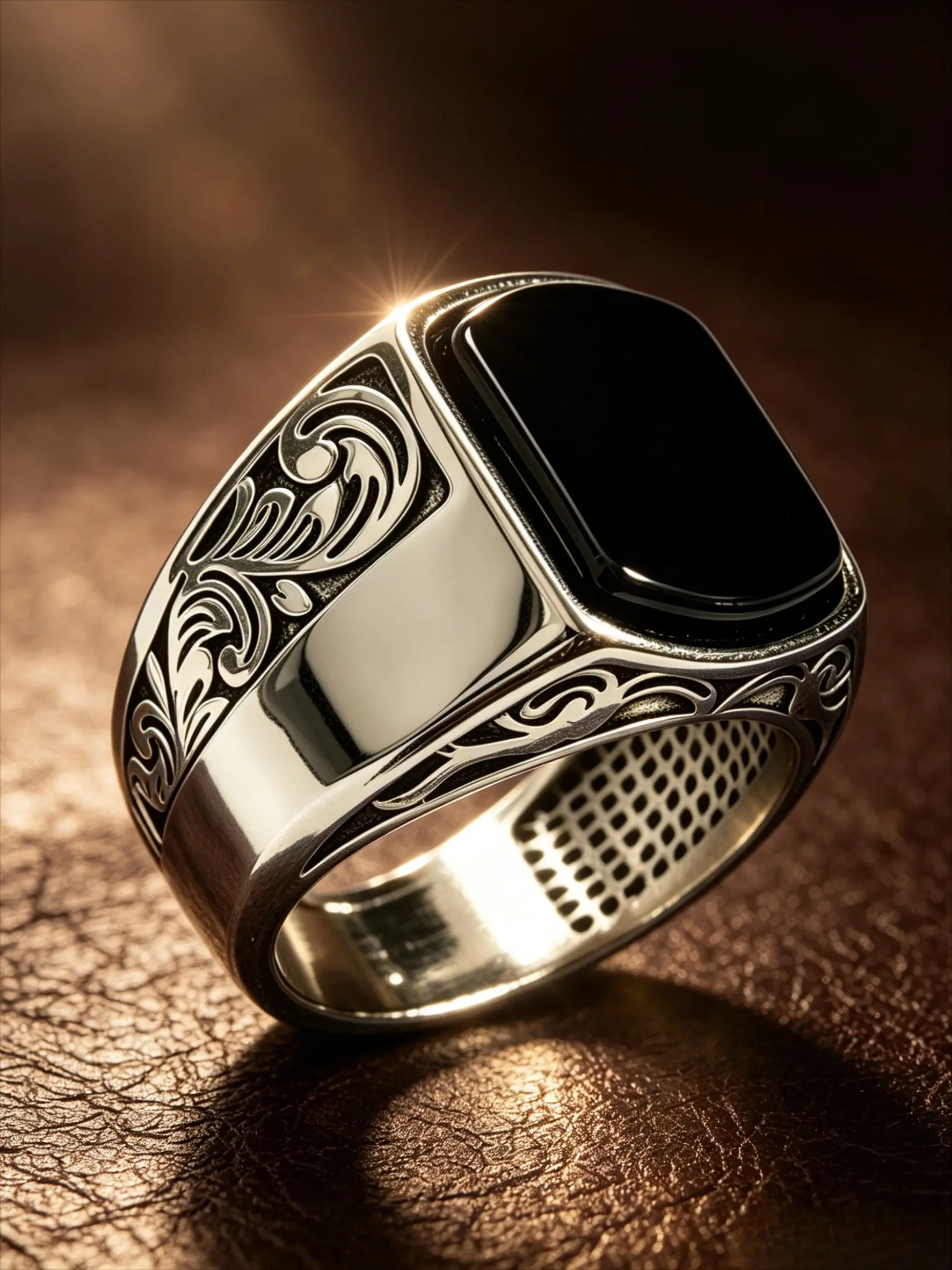 Silver Plated Square Black Onyx Men's Signet Ring Vintage Scroll Engraved Wide Band Mesh Liner Finger Ornament Luxury Retro Business Statement Accessory For Wedding Banquet Office Travel Birthday Anniversary Holiday Gift For Men