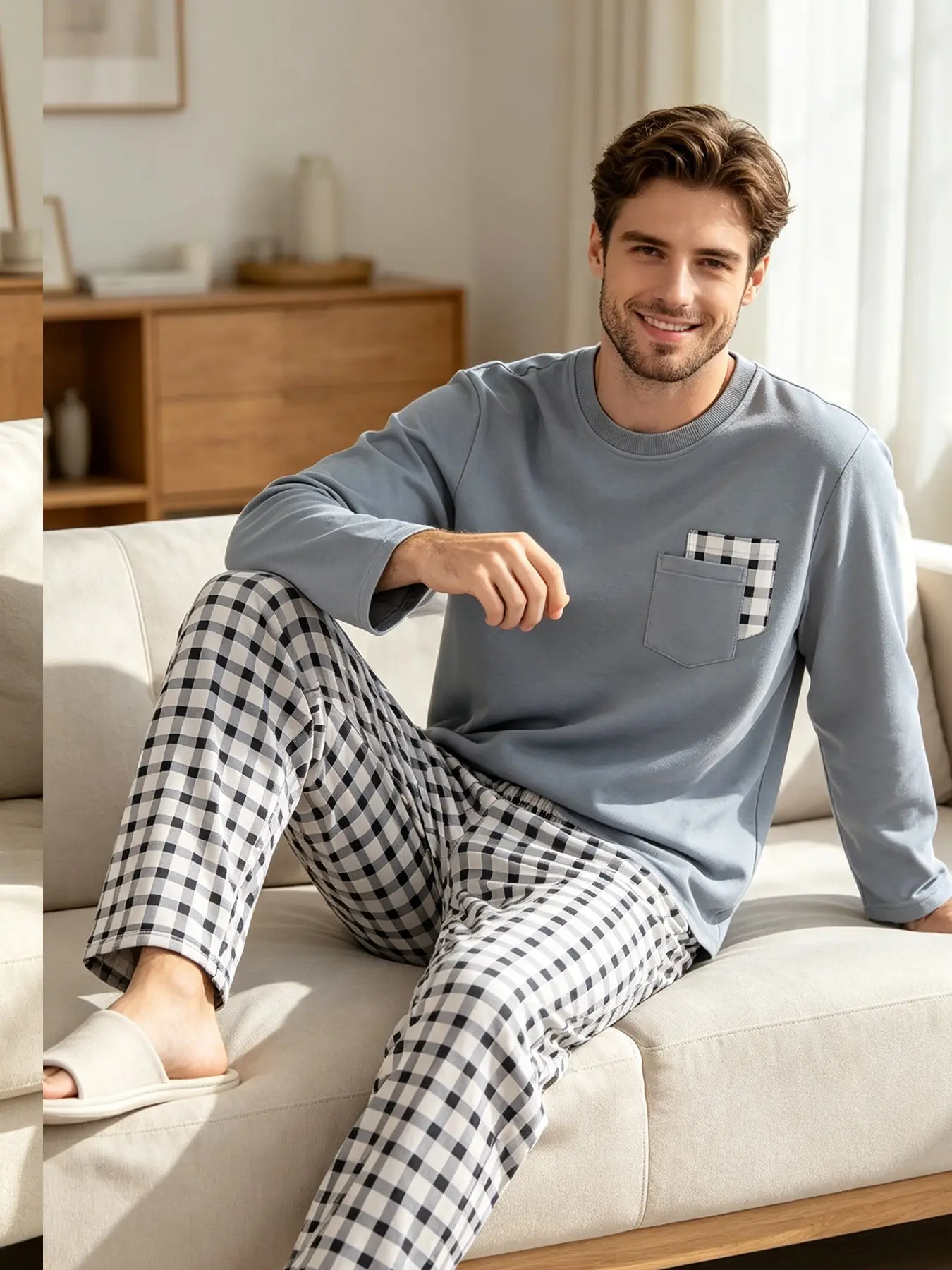 Men Light Grey Crew Neck Long Sleeve Loungewear 2 Piece Pajama Set, Plaid Patch Pocket Top & Elastic Waist Black White Check Straight Pants, Wrinkle Resistant Polyester Home Outfit For Napping, Sofa Relax, WFH And Lazy Indoor Rest