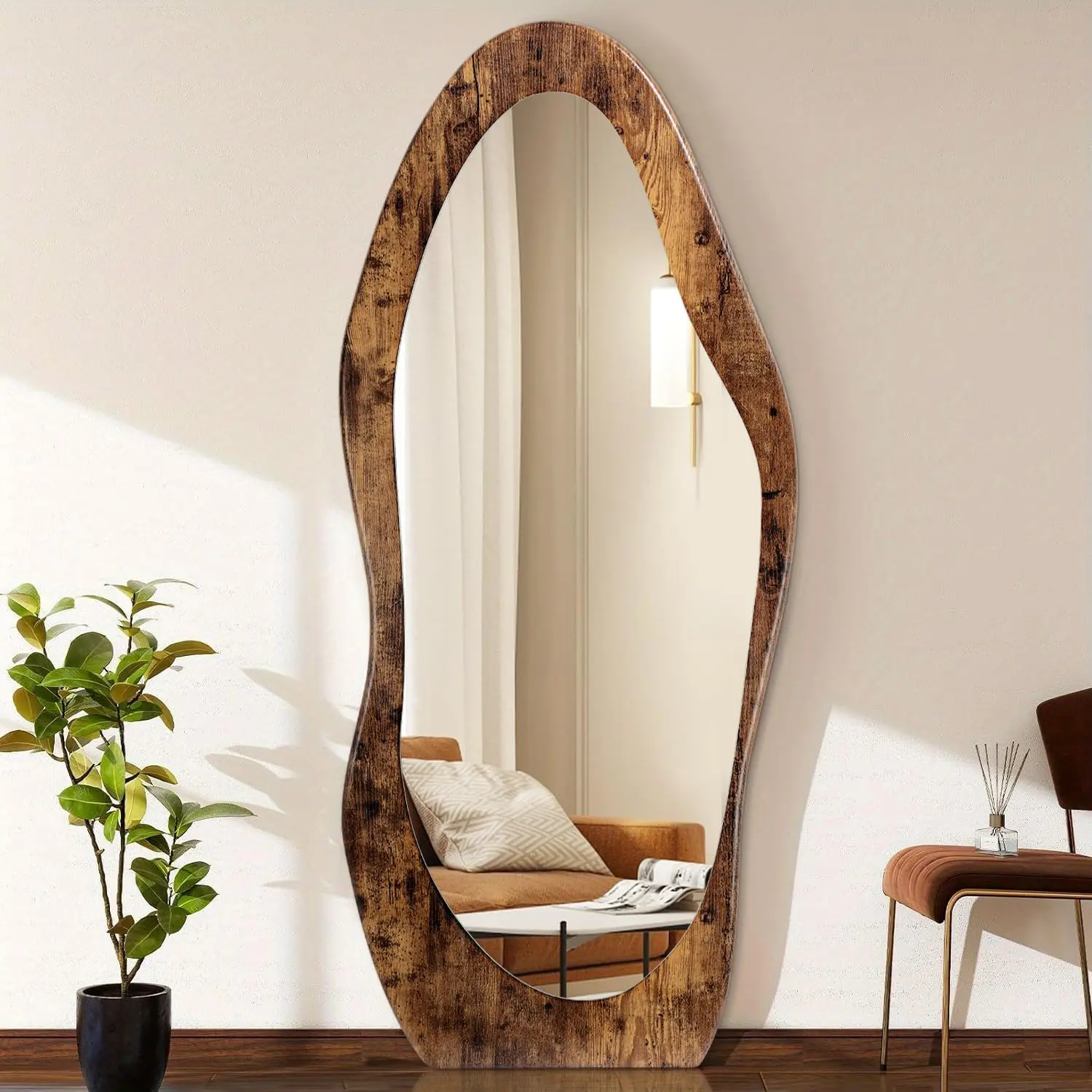 Full Length Mirror 59" x 24" Irregular Wall Mirrors  Framed Full  Mirror  or Leaning Against Wavy Floor Mirrors for Living Room Bedroom Entryway Bathroom Retro Brown