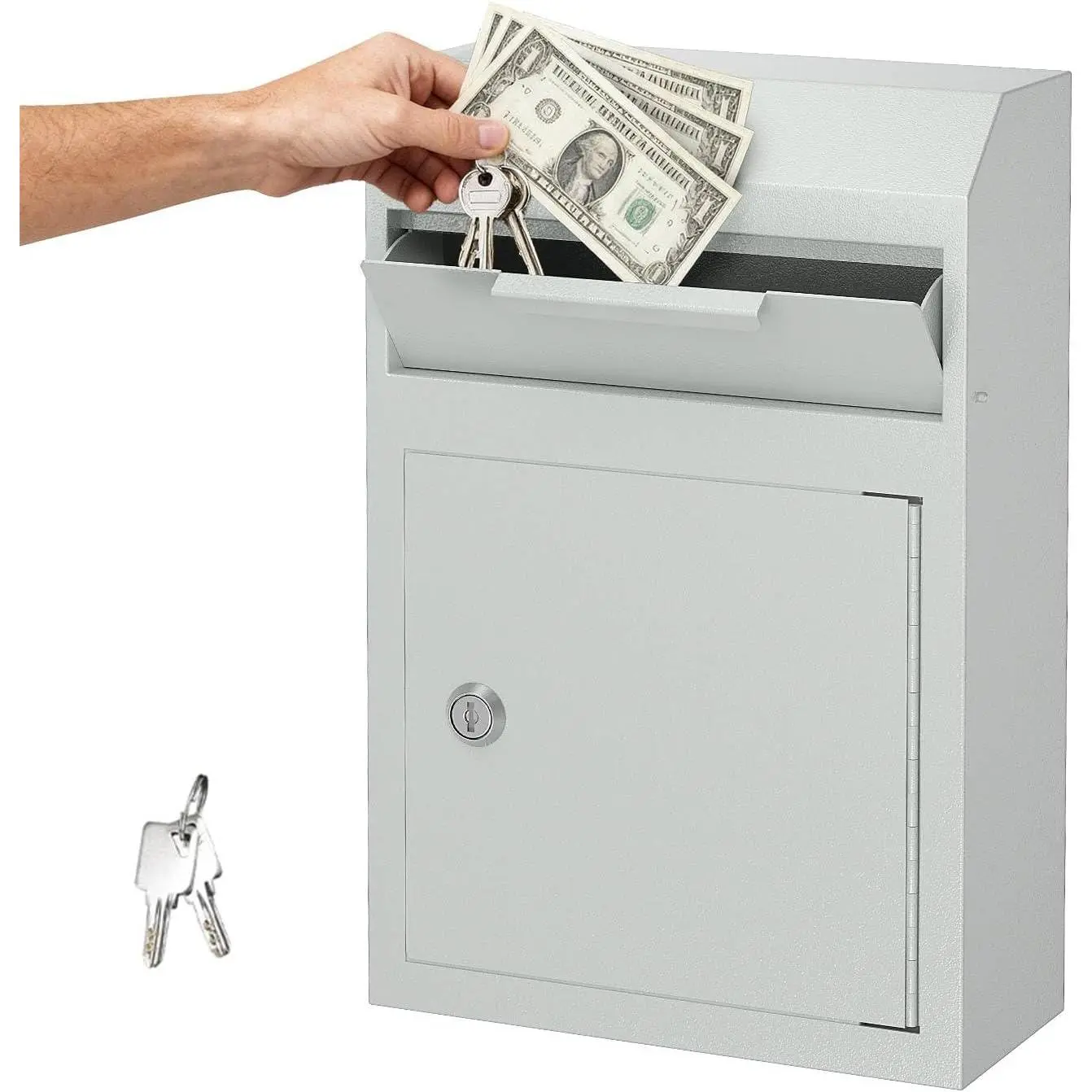 Metal Mailbox, Wall-Mount Locking Deposit Drop Box Safe for  Use | White, 9.75" x 4.25" x 14.75", Rust-Proof, Heavy-Duty Key Lock Box for Mail, Rent, Checks, , and Mail Envelopes