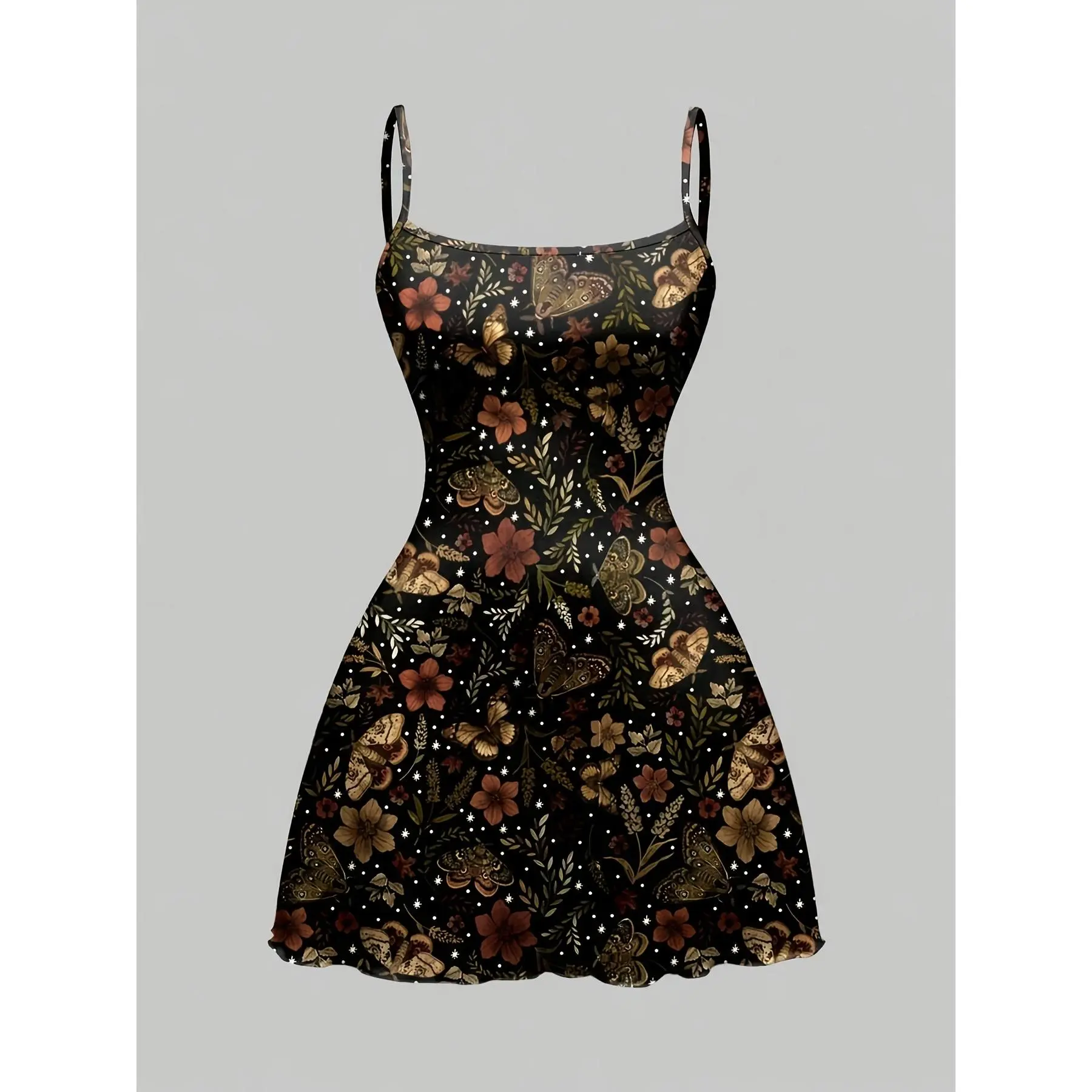 Women'S Playful Elegant Cute Butterfly Moth Floral Plant Print, Stretch Fabric, Thin Strap Mini Cami Dress, Romantic Gothic,leopard,mermaid,Pleated,unlined,long,blue,easter,baby,plus,western,clothing,bodycon,loose,classy,sundresses