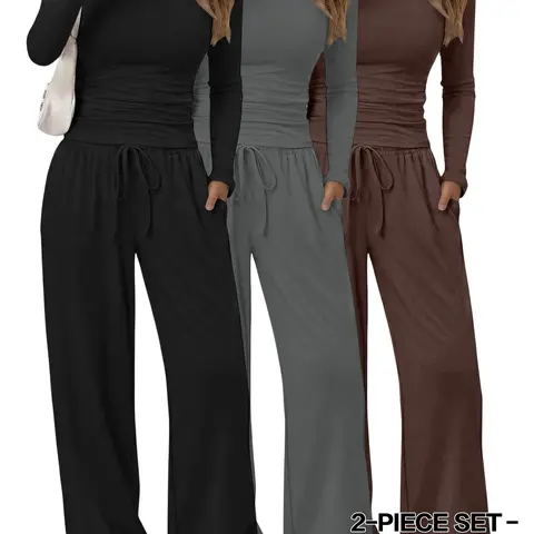 Women's Lounge Sets, Long Sleeve Crew Neck Tops, High Waisted Drawstring Wide Leg Pants, Comfy Casual Loungewear for Home & Travel