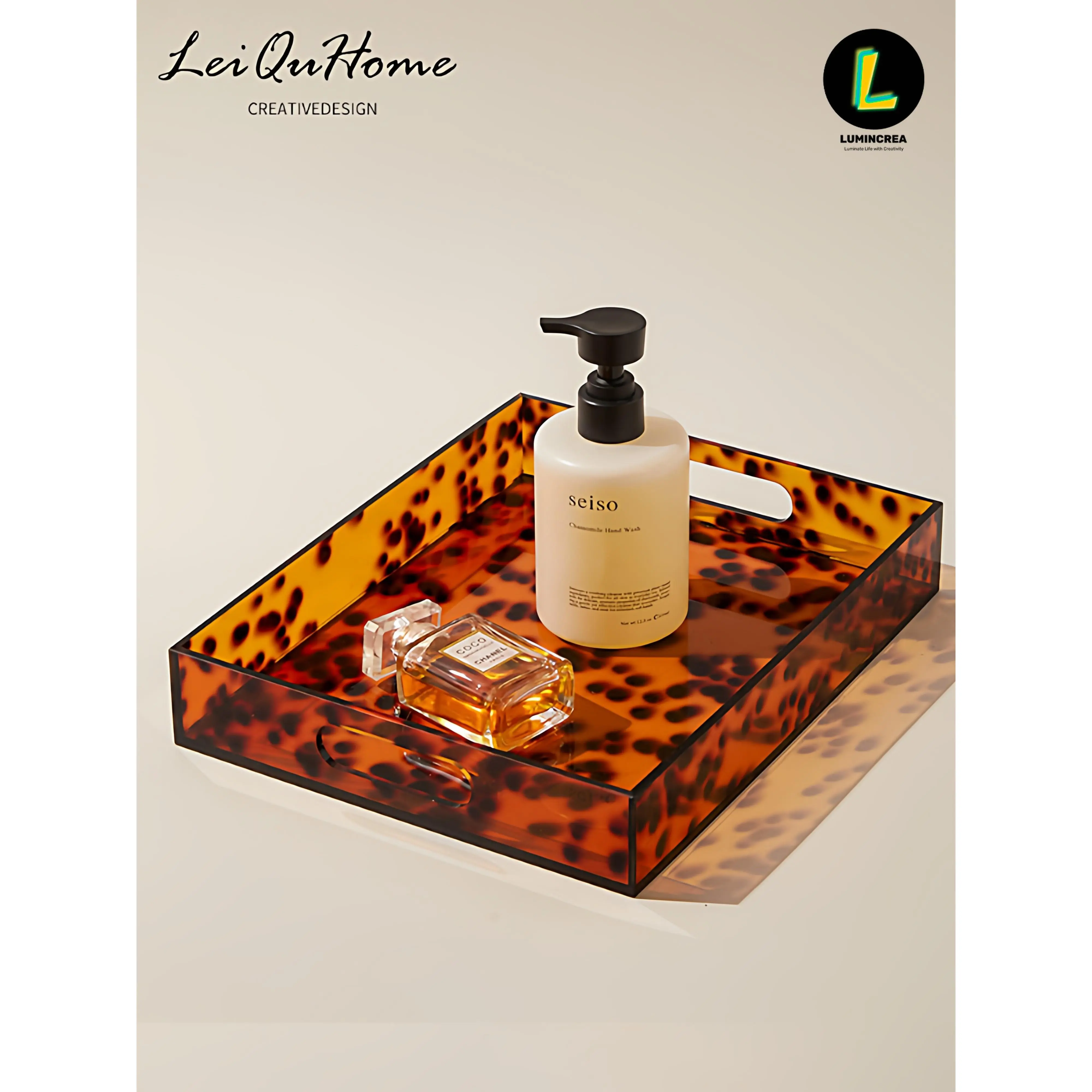 Large Retro Transparent Smooth Acrylic Decorative Tray, Amber Tortoise Shell Home Organizer for Vanity Perfume Makeup Storage, Ideal Gift, Display Tray