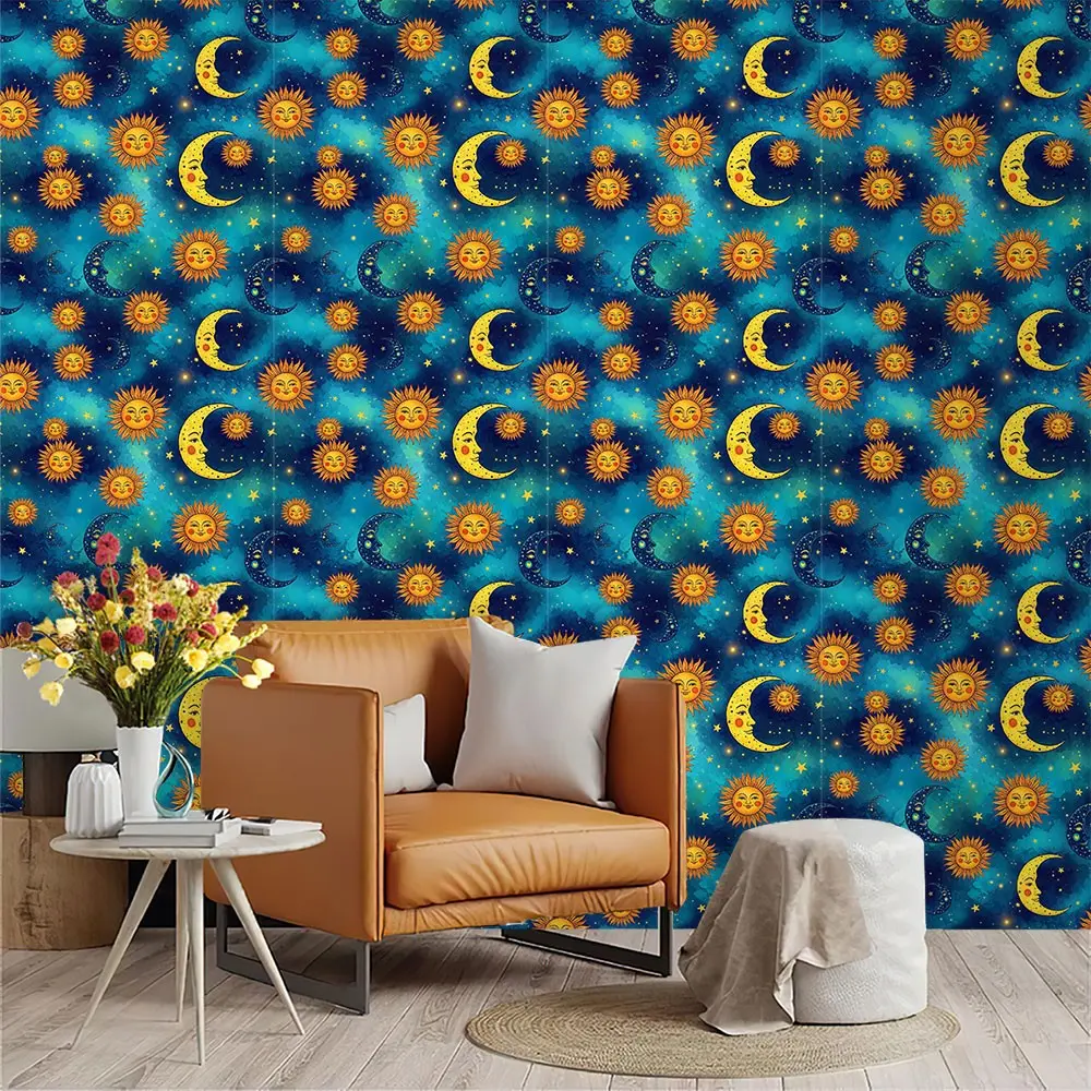 Watercolor Fairy Tale Wall Paper, Blue Gradient Starry Sky Pattern, PVC Material, Peel and Stick, Living Room Decor, Mould-Proof