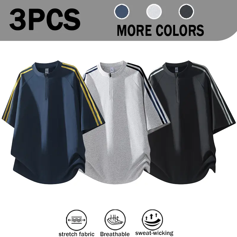 Summer half zip stand up collar short sleeved men's loose fitting raglan sleeves three bar sports T-shirt heavyweight cotton American retro casual half sleeved