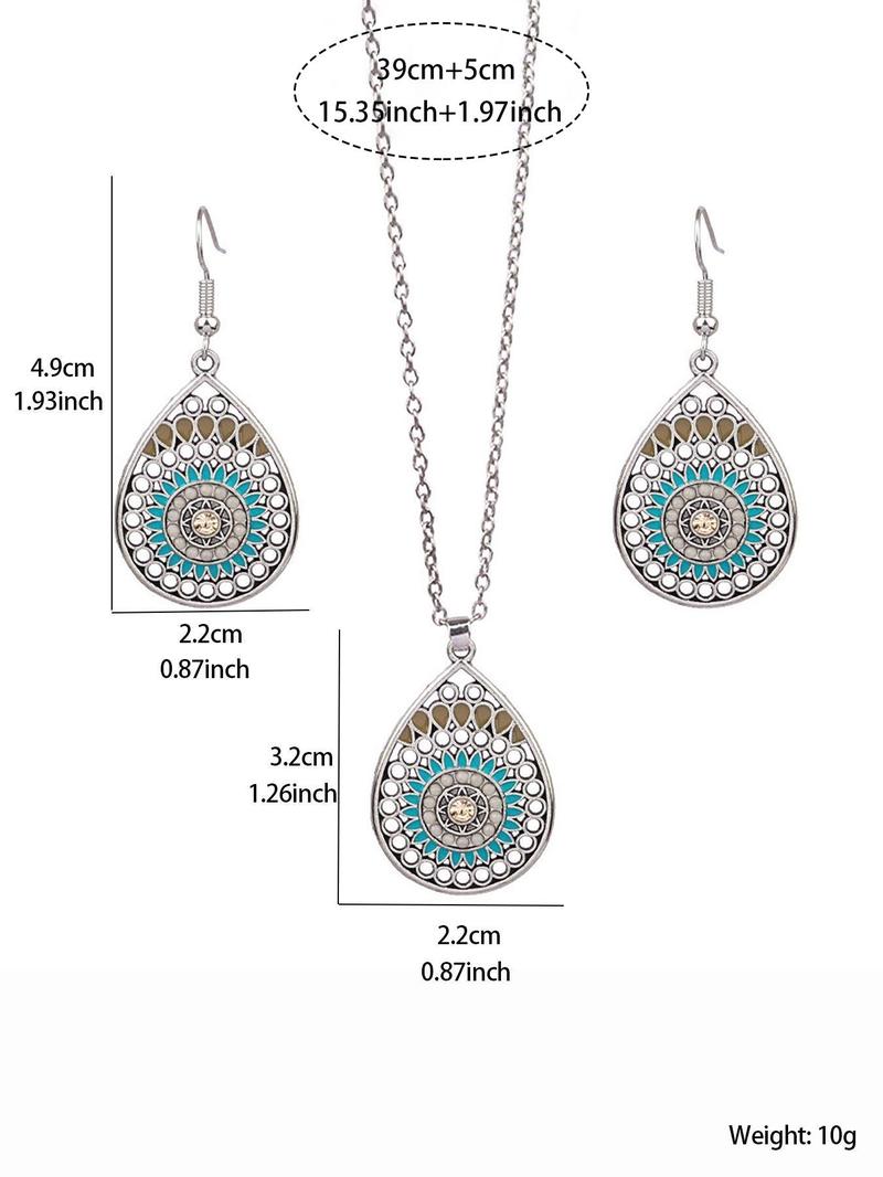 2pcs/set Boho Style Water Drop Shaped Pendant Necklace and Dangle Earrings, Vintage Style Ethnic Pattern Design Dangle Earrings, Fashionable Jewelry Set, Fashion Zinc Alloy Jewelry Set for Women and Girls, Jewellery Gift Set