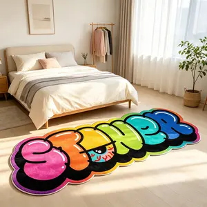 Rainbow Gradient Bubble Graffiti Text Alien Carpet Street Trendy Plush Floor Mat Bedside Non slip Foot Mat Suitable for American Street/Subcultural Home Decoration