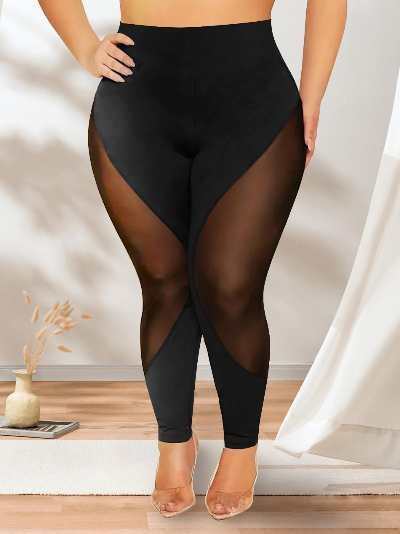 【Plus Size】Solid Color Contrast Mesh Leggings, Casual Comfy Breathable High Waist Skinny Pants for Yoga Gym Workout, Women's Bottoms for All Seasons