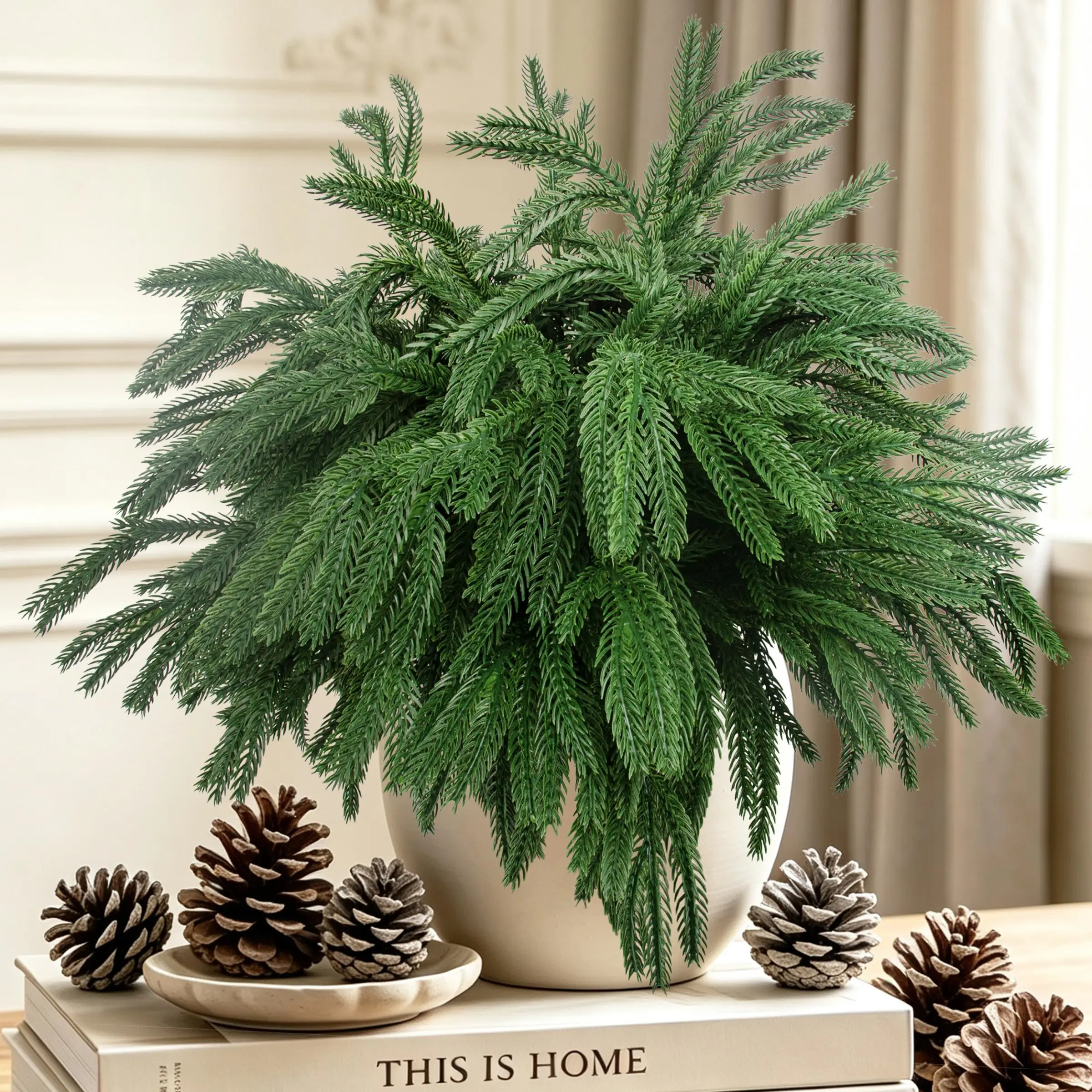 12 Pcs Artificial Norfolk Pine Branches, Norfolk Pine Artificial Pine Stems DIY Crafts Faux Christmas Greenary Norfolk Pine Branches for Xmas Wreath Garland Home Decor (12)