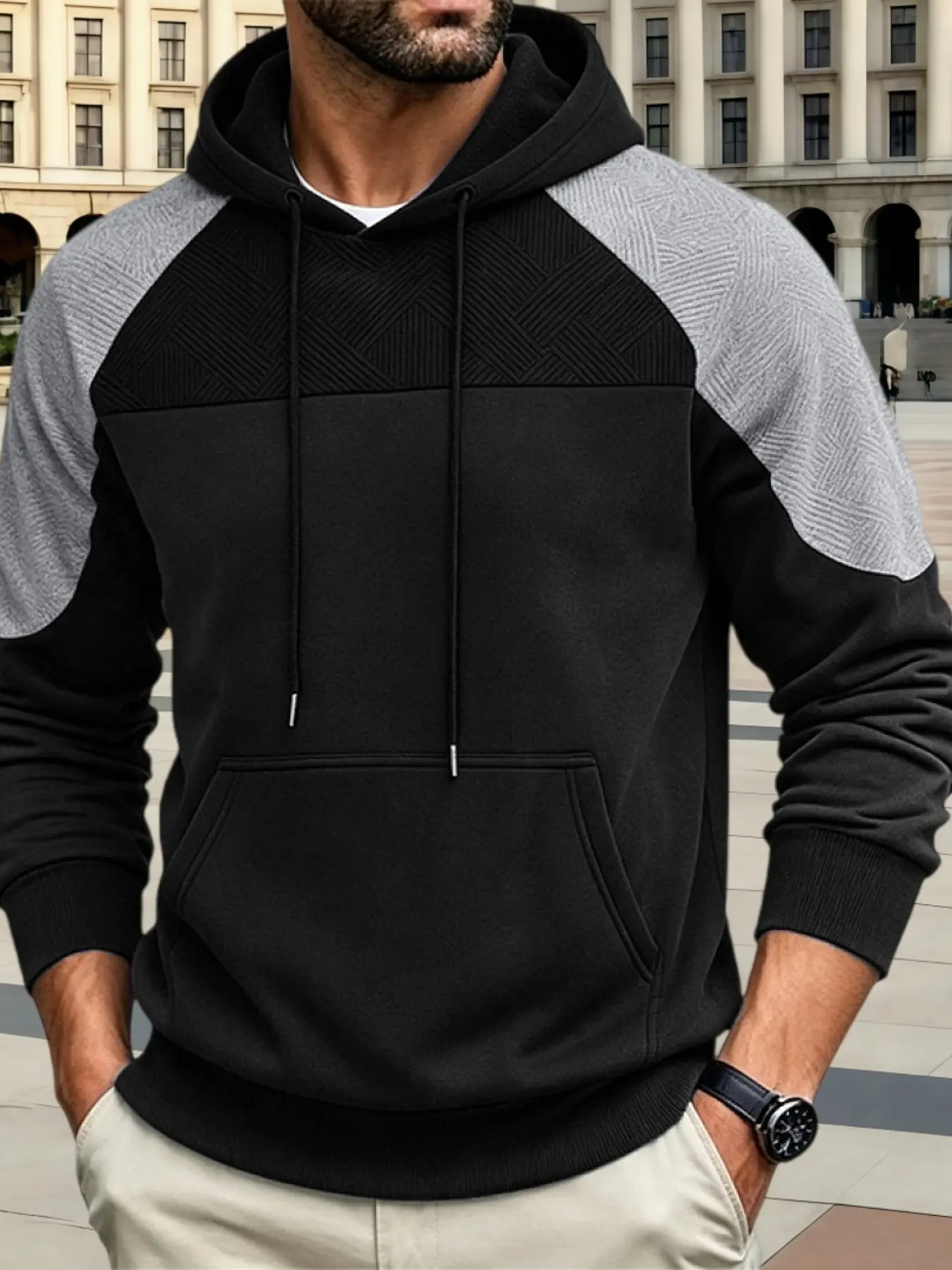 Men's Winter Fleece Patchwork Colorblock Texture Loose Hooded Outdoor Casual Sweatshirt, Versatile and Comfortable, Perfect for Cold Weather