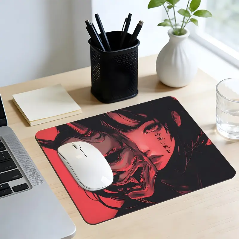 Japanese Oni Anime Gaming Mouse Pad, Dark Aesthetic Square Mouse Mat with Anti-Slip Rubber Base Stitched Edges, Small Desk Pad Protector for Laptop Office Work Home Office Daily Use, Decorative Desk Accessories Computer Mouse Pad