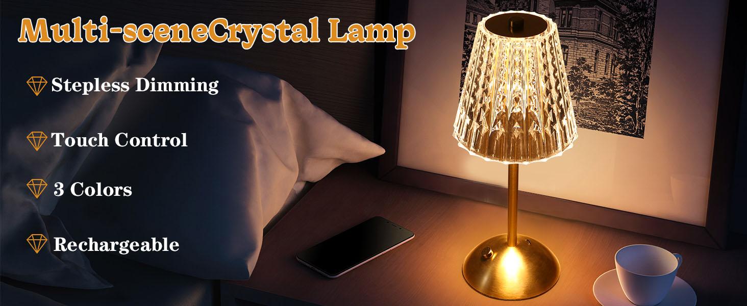 Cordless lamp,Dimmable Crystal Table Lamp 3 Colors LED Gold Lamp,Touch Lamp Diamond Crystal Lamp, Rechargeable Small Lamp, Wireless Lamp Vintage Lamp for Bedroom Living Room Bathroom Hotel Bar