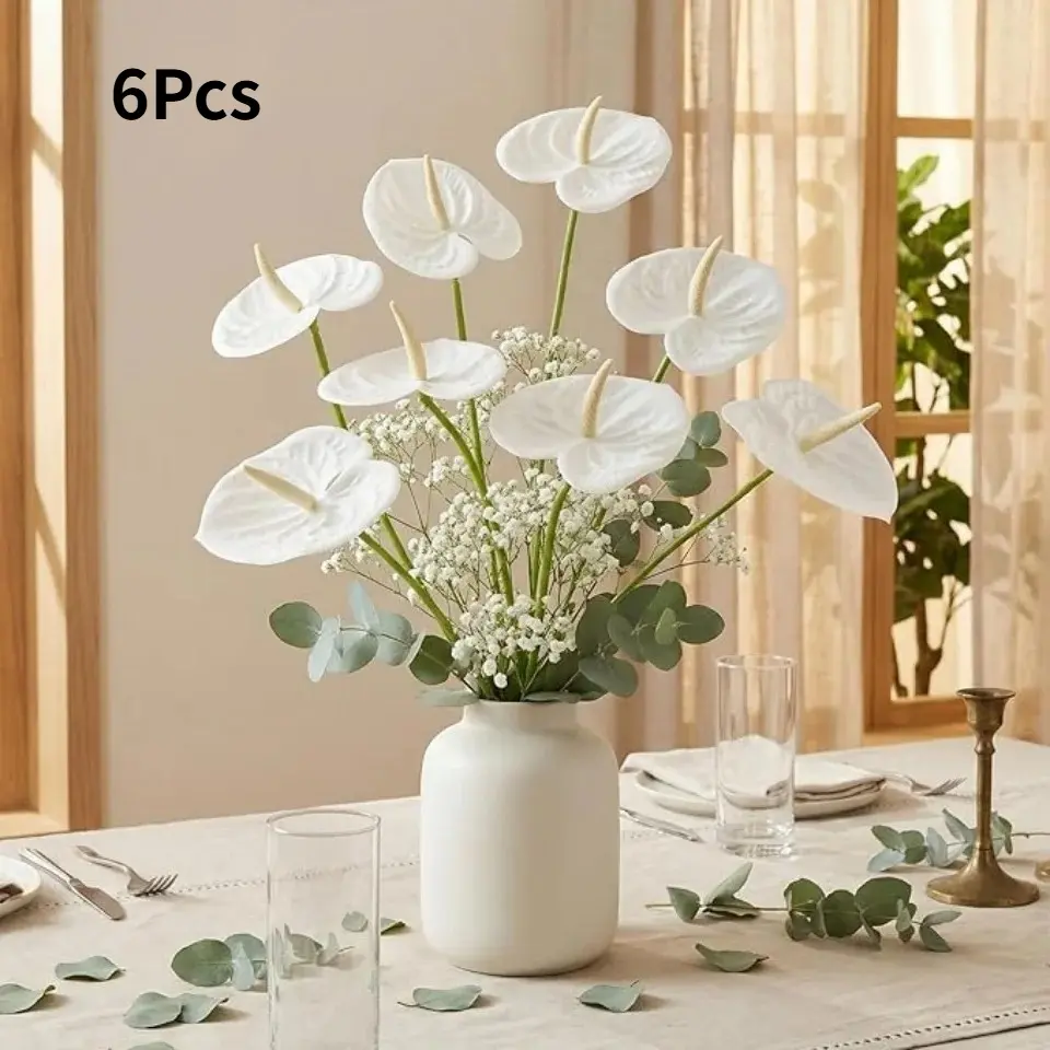 6 Pcs Artificial Anthurium Flowers, Realistic PU Faux Flamingo Lily Stems, Fake Anthurium Bouquet for Vase Arrangement, Home Living Room Table Centerpiece, Wedding Hotel Party Decorations