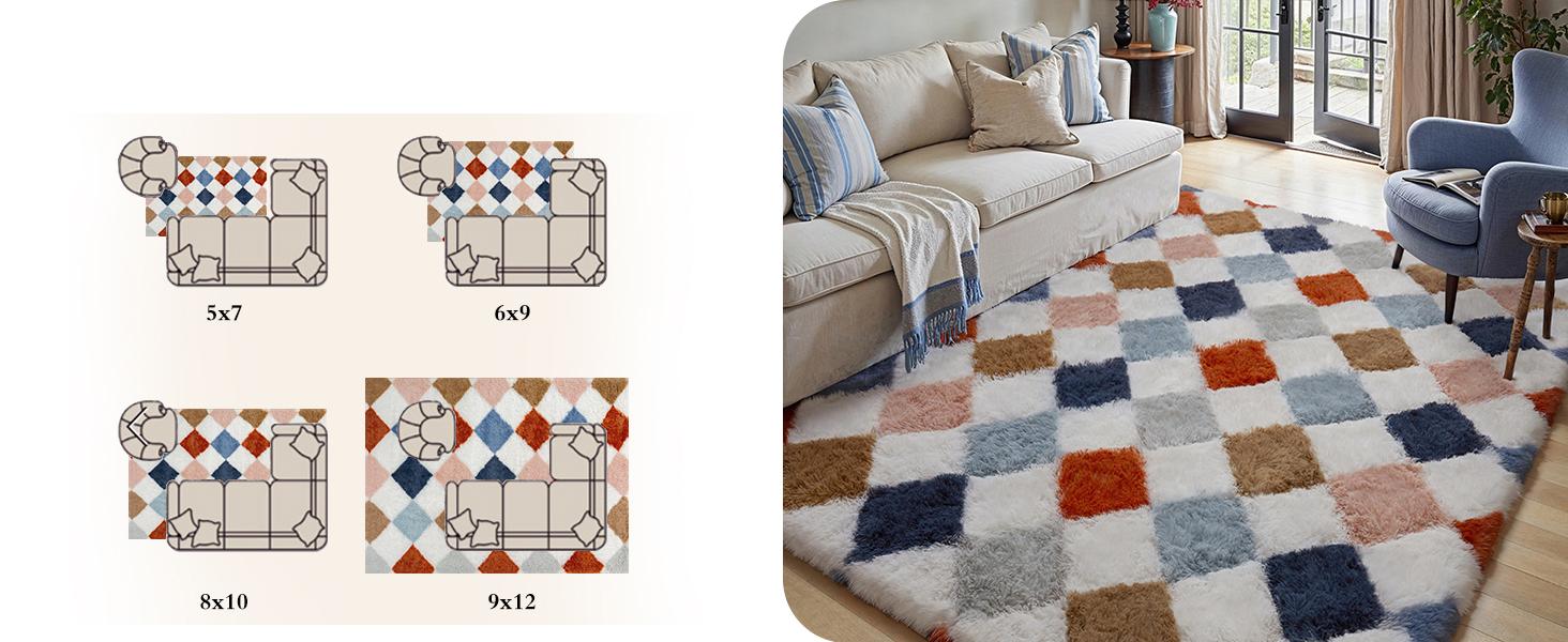 8x10 Checkered Rug for Living Room Soft Shag Area Rug Bedroom Plush High Pile Non Slip Fuzzy Carpet for Home