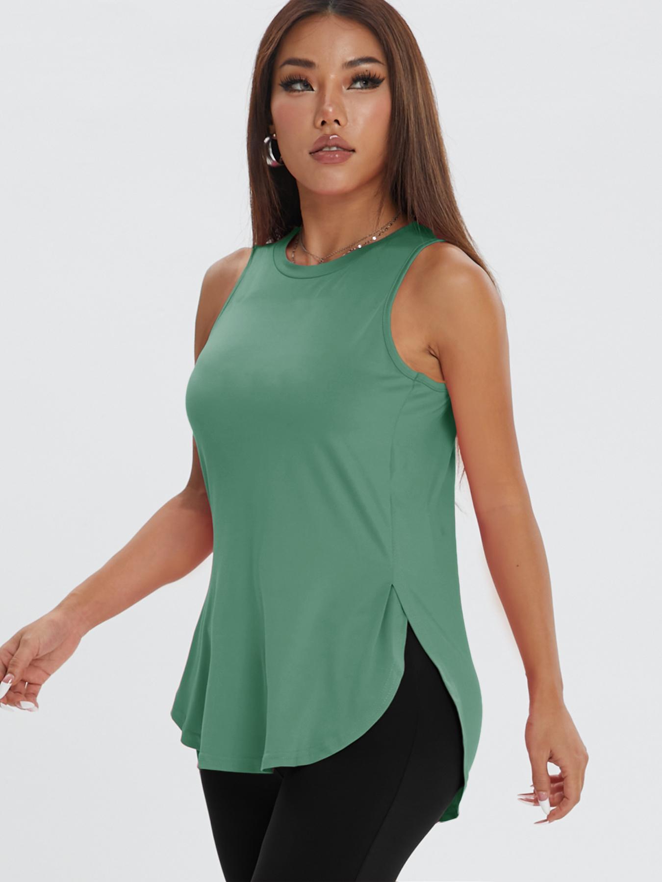 Women's Solid Color Asymmetrical Hem Sports Tank Top, Casual Curved Hem Sleeveless Round Neck Sports Top for Yoga Gym Workout Running, Ladies Sportswear for All Seasons