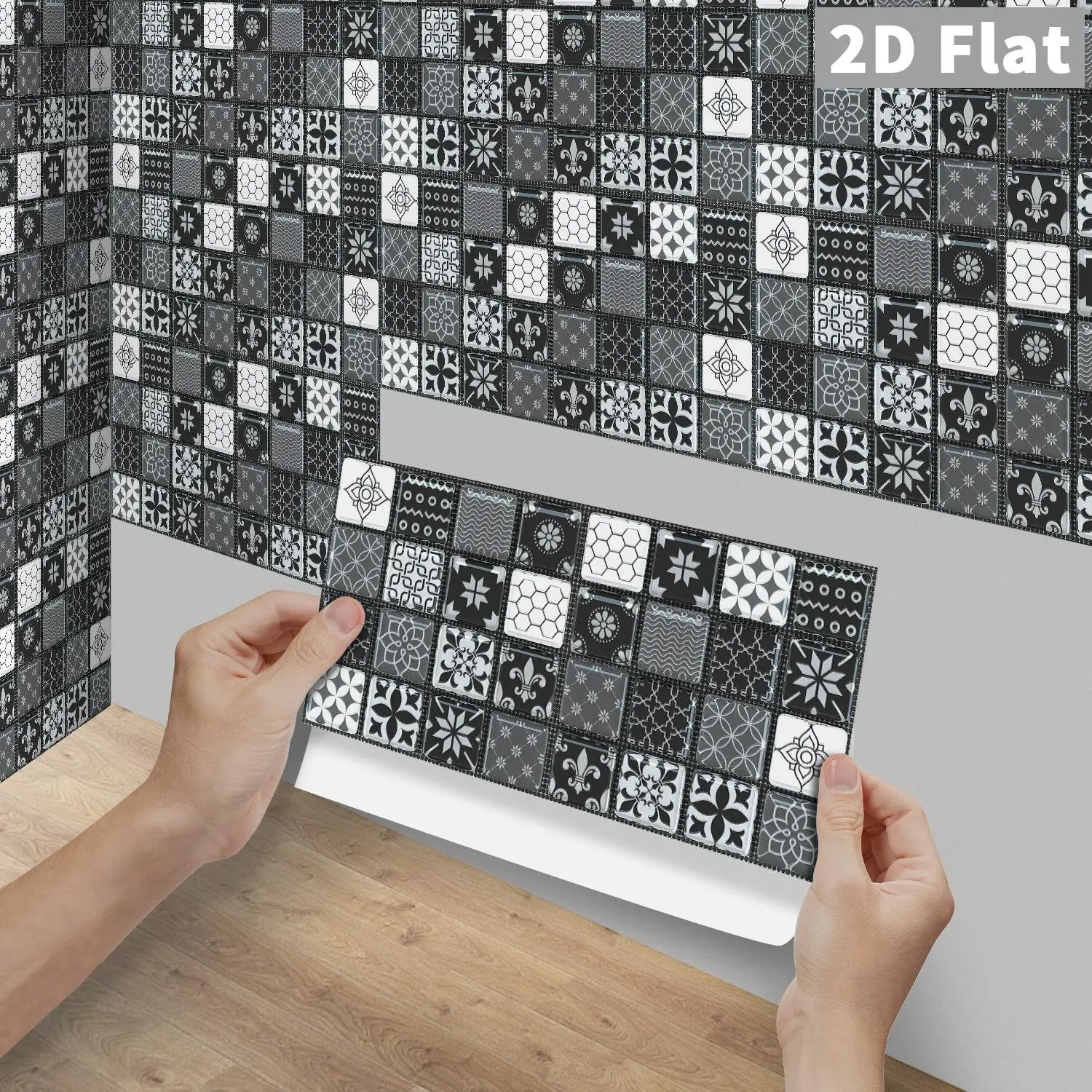 24PCS FG Black White Grey Mosaic Peel And Stick Tile Splashbacks, DIY Backsplash, Waterproof Oilproof PVC Crystal Self Adhesive Wall Stickers For Kitchen Bathroom Wood Tile Floor Home Decoration