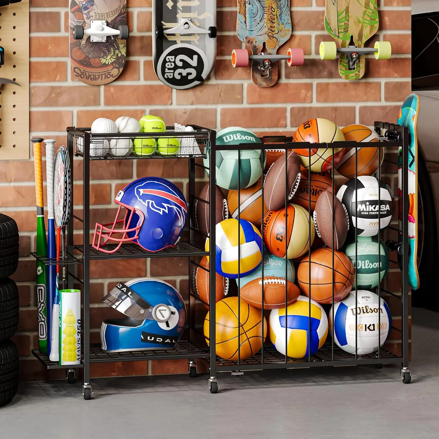 Large-Capacity Balls Storage Organizer with Elastic Rope and Wheels - Garage Storage for Sports Gear, Toys, Baseball Bat Holder, Basketball Rack