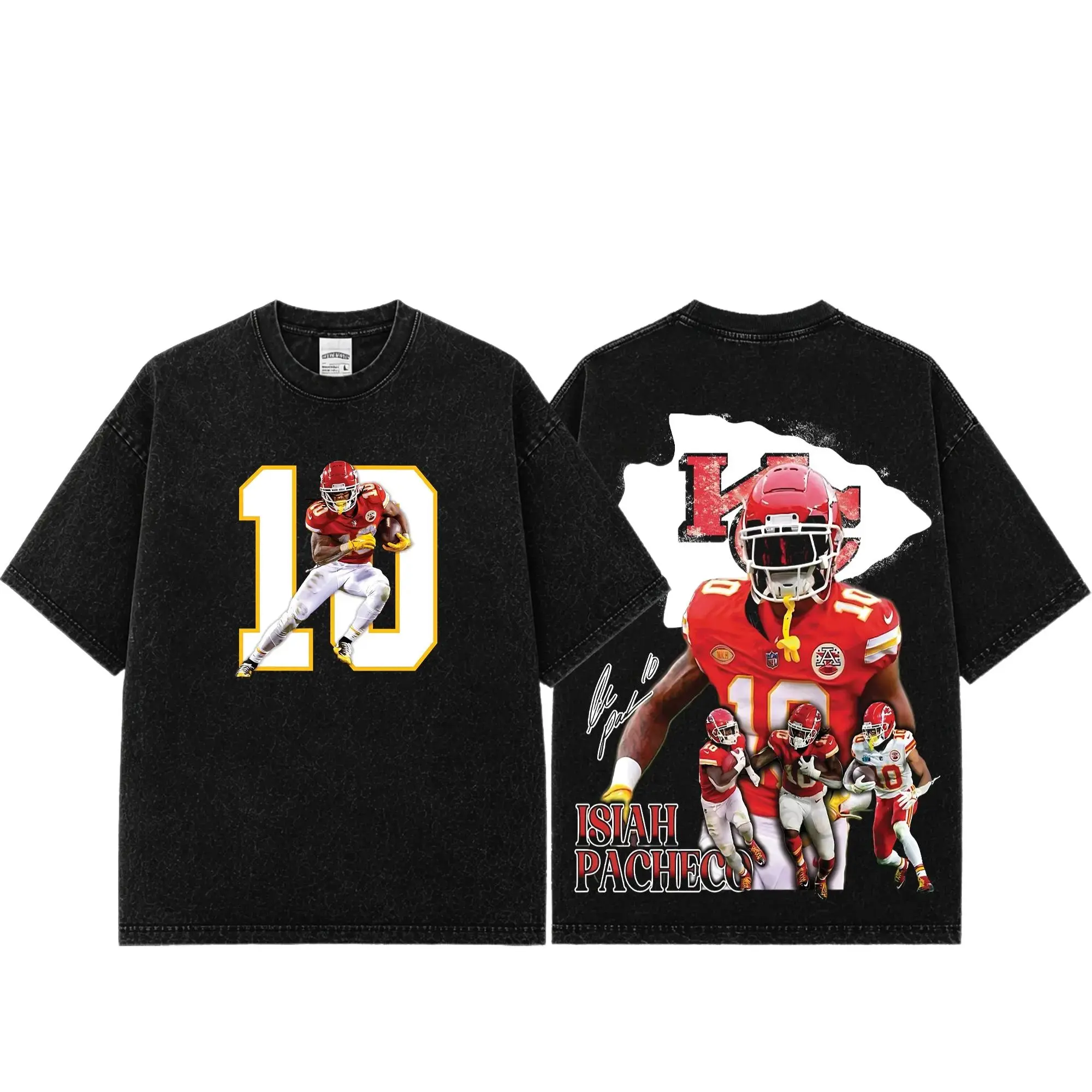 [Sale Up To 50%] Unisex Isiah Pacheco # 10 Premium Acid Wash T-Shirt, Vintage Double Sided Graphic Tee, Heavyweight Cotton Oversized Shirt, Football Game Day Outfit, Chiefs Kingdom Fan Gift for Men Women
