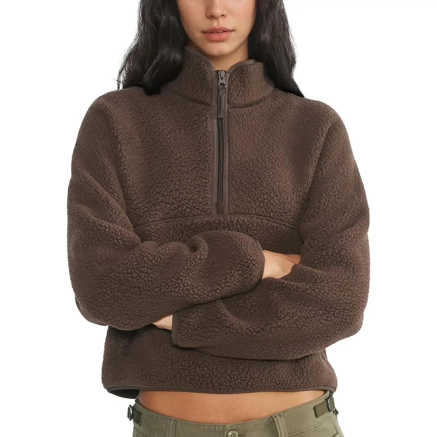 Ainangua Womens Fleece Sweatshirts Cropped Half Zip Fuzzy Warm Sherpa Pullover Varsity Jackets with Zipper Pockets
