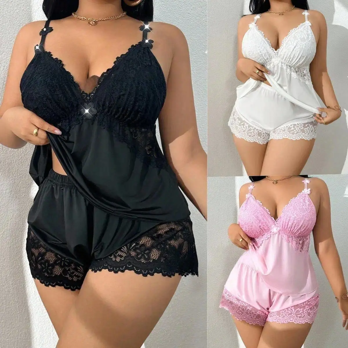 Lightweight Lace Pajama Set for Women, Soft Stretch 2-Piece Sleepwear with Sexy Camisole & Shorts, Cute Plus Size Loungewear for Honeymoon & Valentine's Vacation Outfits