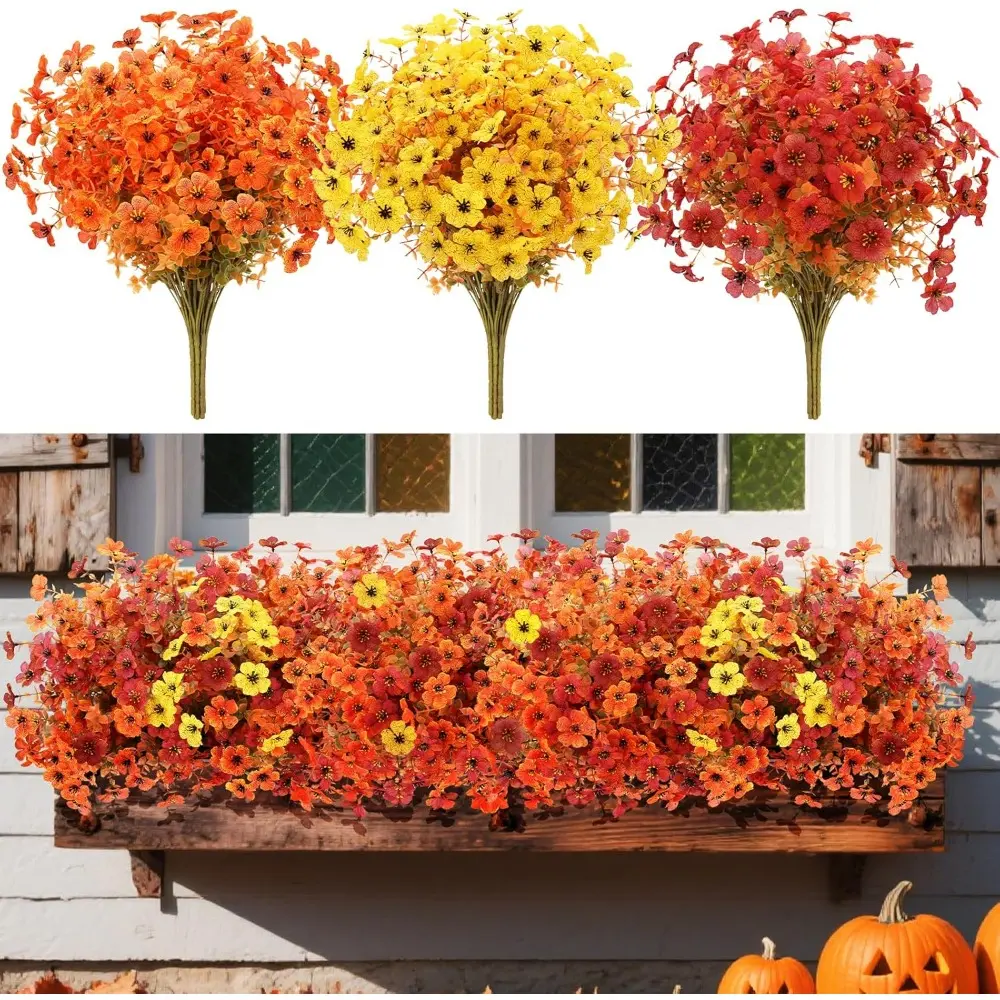 6 PCS Artificial Fall Flowers, Fake Fall Flowers Centerpieces for Dining Table, Faux Fall Floral Farmhouse Autumn Decorations for Outside, Home, Living Room, Garden (Yellow, Wine red, Sunset red)