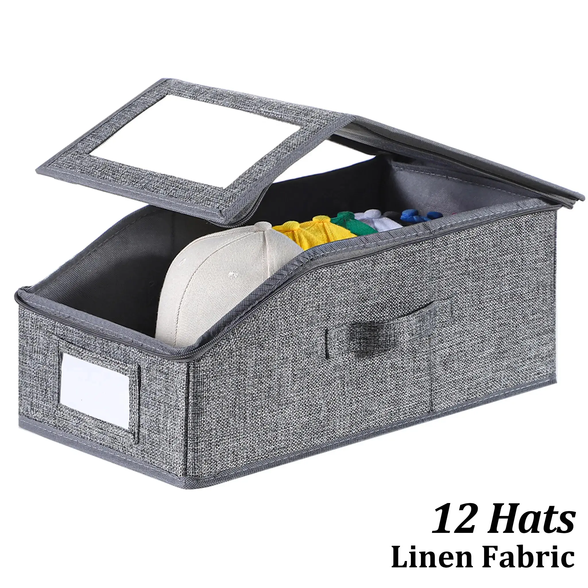 Linen Fabric Stackable Hat Storage Boxes for Baseball Caps, Holds Up to 24 Hats, Durable Cardboard Box for Men, Father's Day Gift, Dustproof Cap Storage Box with Transparent Window, Holds 24-48 Baseball Caps