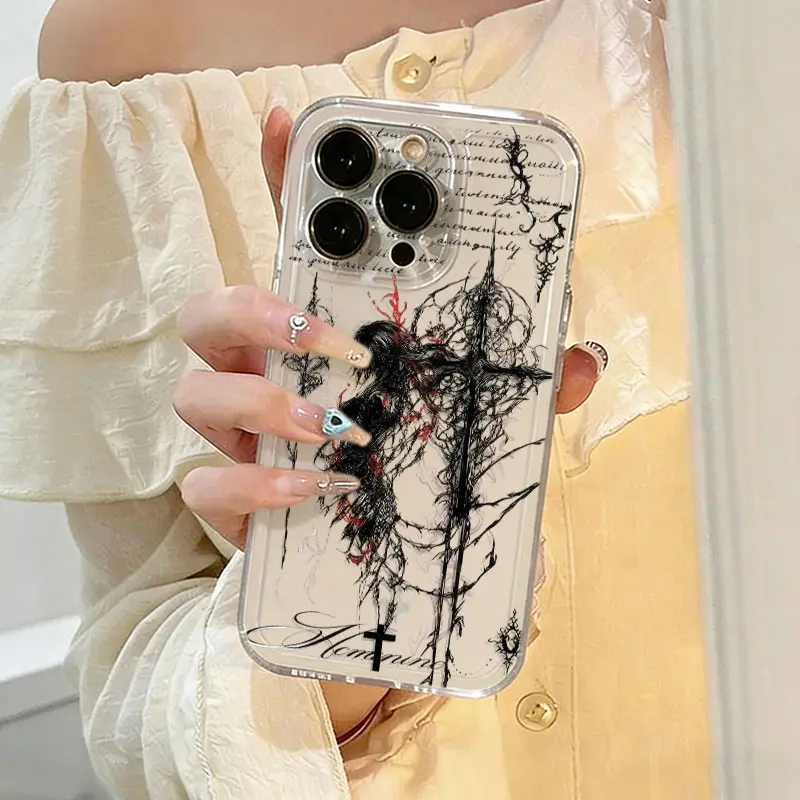 Thorn-Wrapped Dark Angel Phone Case, Gothic Cross Sketch Clear Bumper for iPhone 17 16 15 14 13 12 11 X Plus Pro Max, Alt Girl Gift