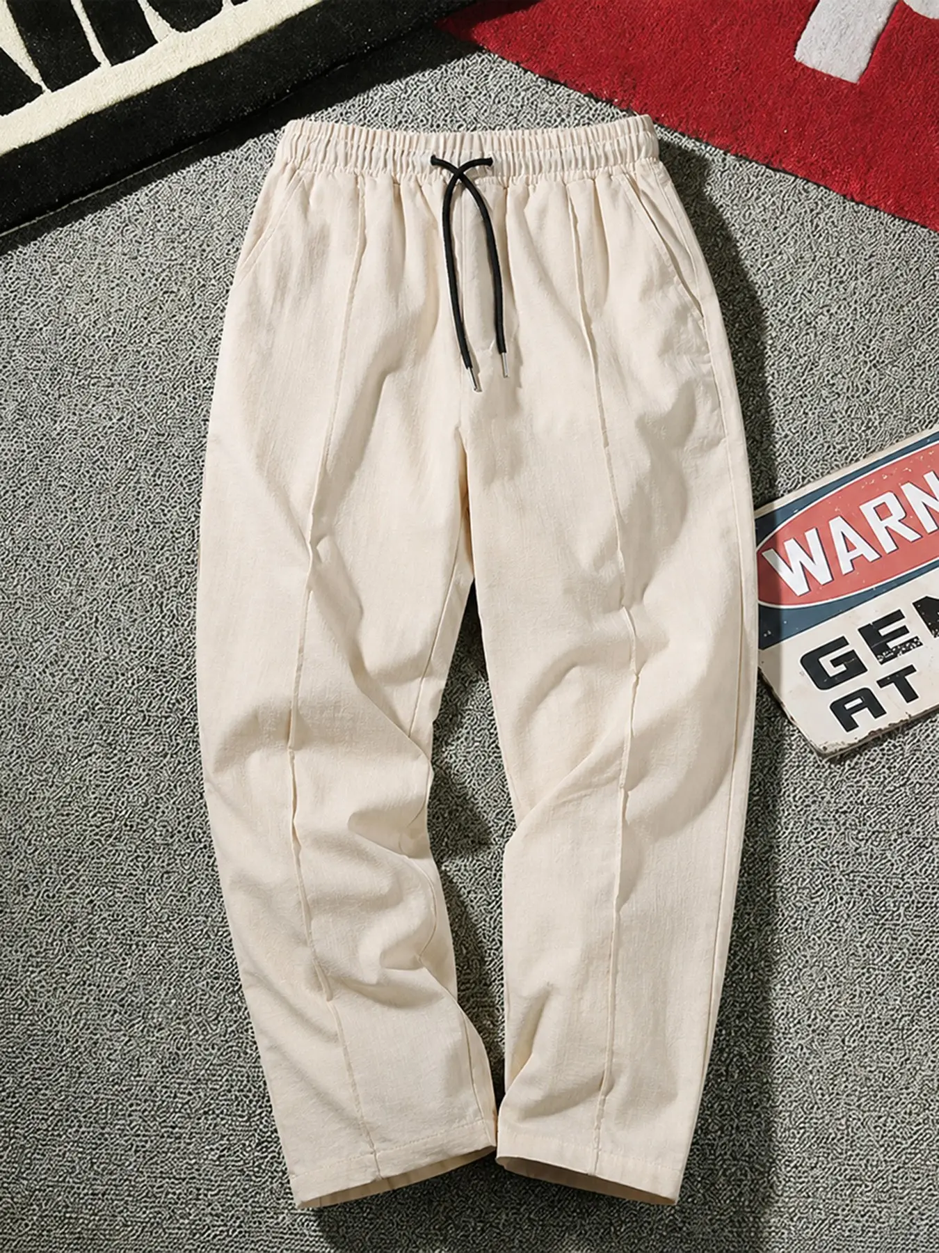 Men's Cream Vertical-Stitch Trousers, Elastic Waist with Adjustable Drawstring, Lightweight & Breathable, Multi-Pack Savings Deal