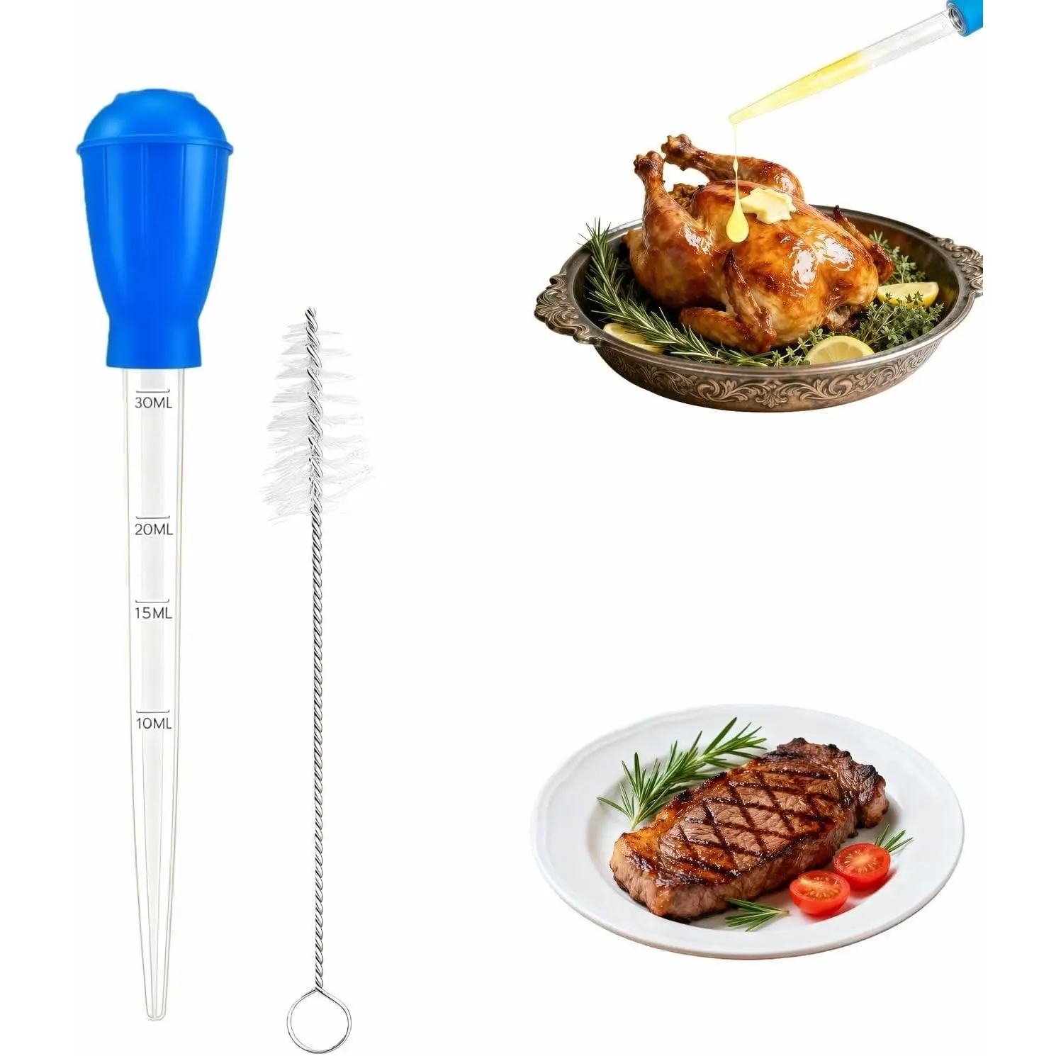 Premium Turkey Baster & Multi-Purpose Syringe, 30ml Heat Resistant Food Baster with Cleaning Brush for Kitchen, Aquarium, Marinade Injector, Basting, Oil Fuel Dispensing (Blue)