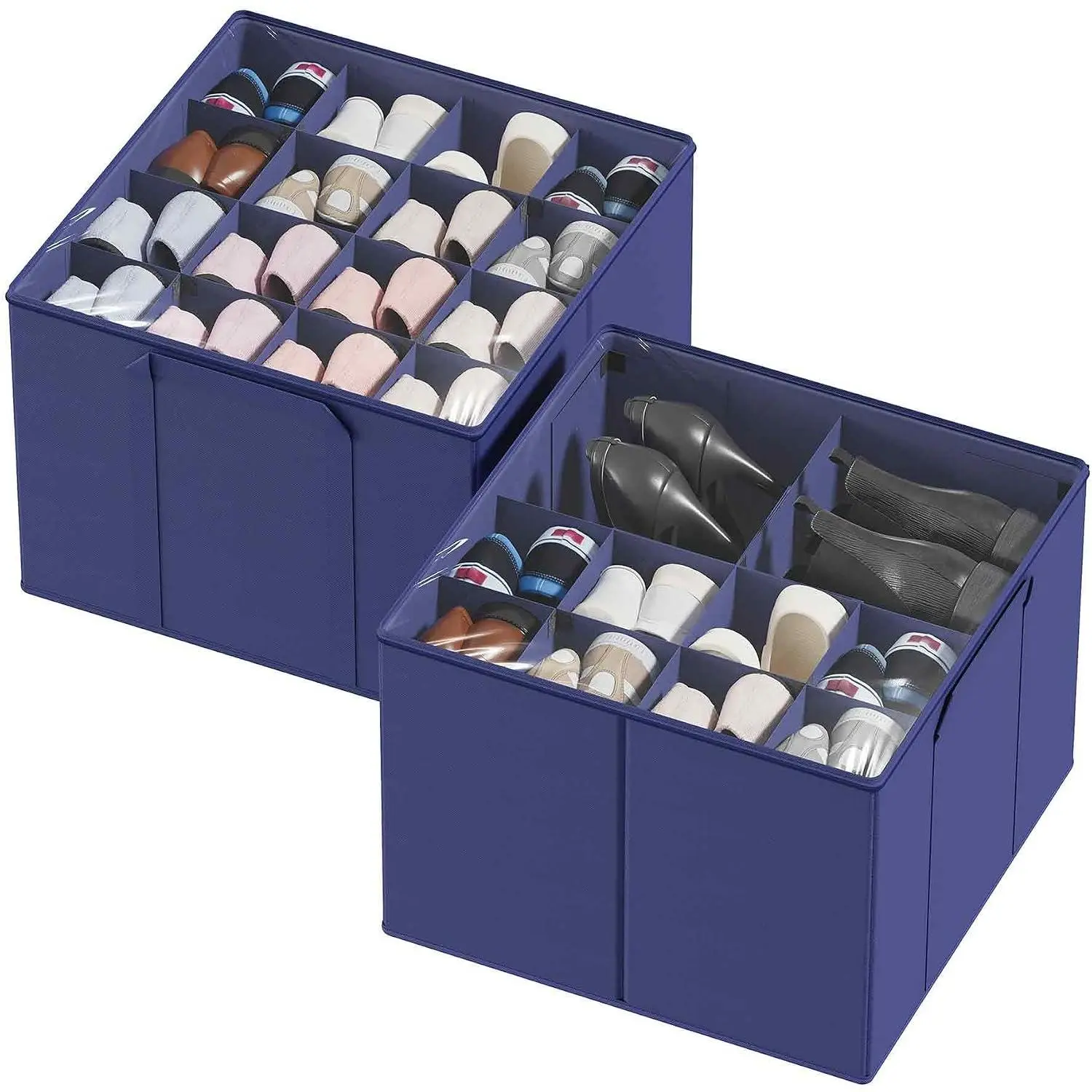 Shoe Organizer for Closet, 2 Pack Foldable Shoe Storage Containers Baskets Boxes Bins w/Adjustable Dividers, Fits 16-32 Pairs, Blue