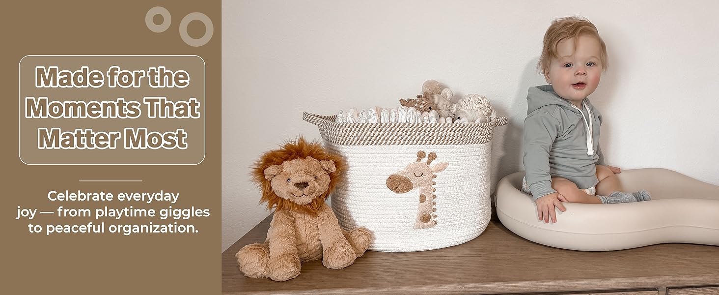 SUNDAY MIRTH Giraffe Storage Basket for Nursery – Large 15"x11" Cotton Rope Bin with Soft Felt Animal Patch – Toy Organizer, Baby Laundry Hamper, Diaper & Towel Holder – Foldable, Washable & Baby-Safe