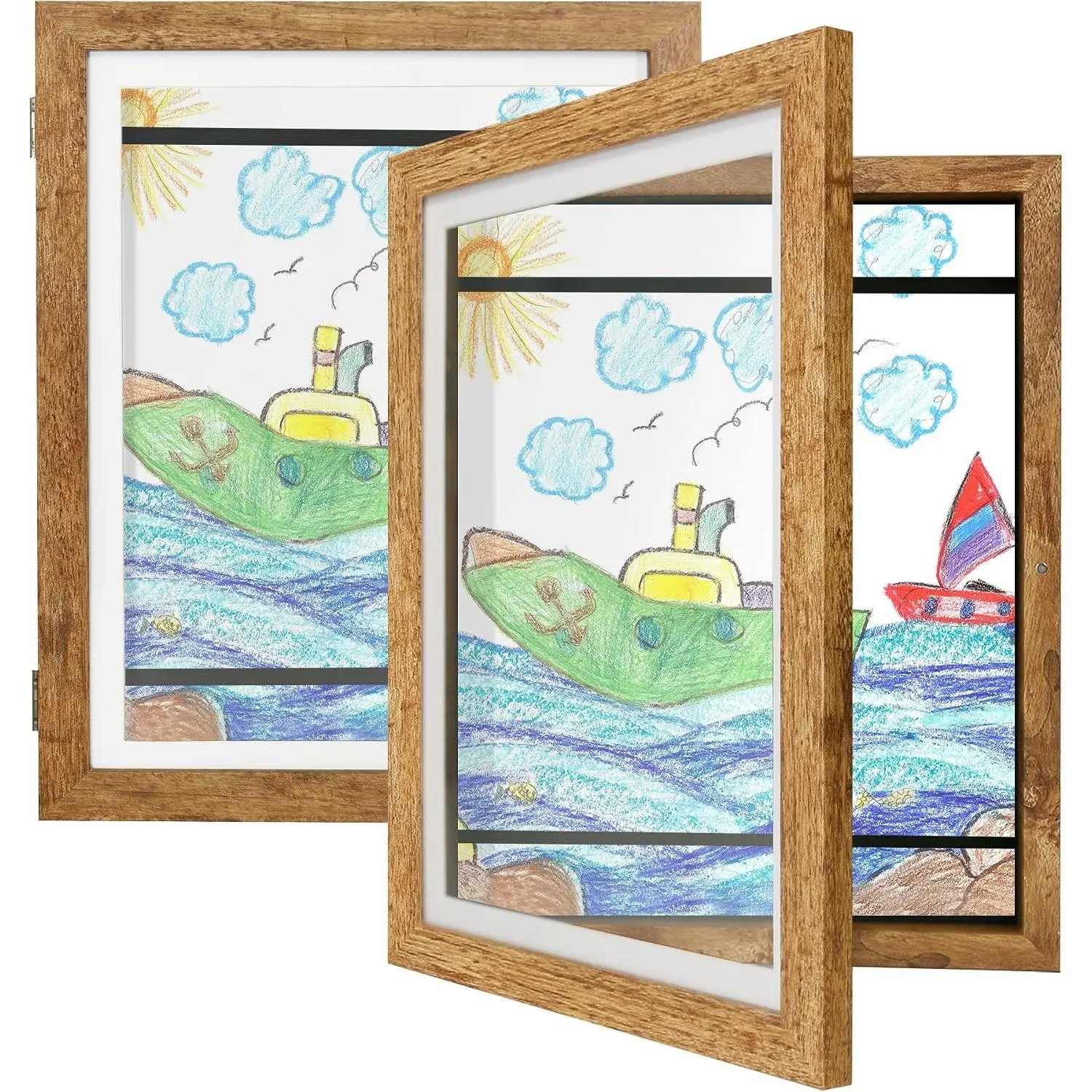 Brown MDF Kids Art Shadow Box Frames 9x12 (Set of 2) - Front-Opening Magnetic Door Photo Frames with Glass, Wall-Mountable Artwork Display Storage Holds 50 Drawings, 3D Crafts, Ideal Gift