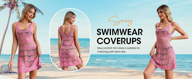 Saodimallsu Womens Sexy Crochet Cover Up Swimwear Mesh Dress See Through Fishnet Beach Swimsuit Top