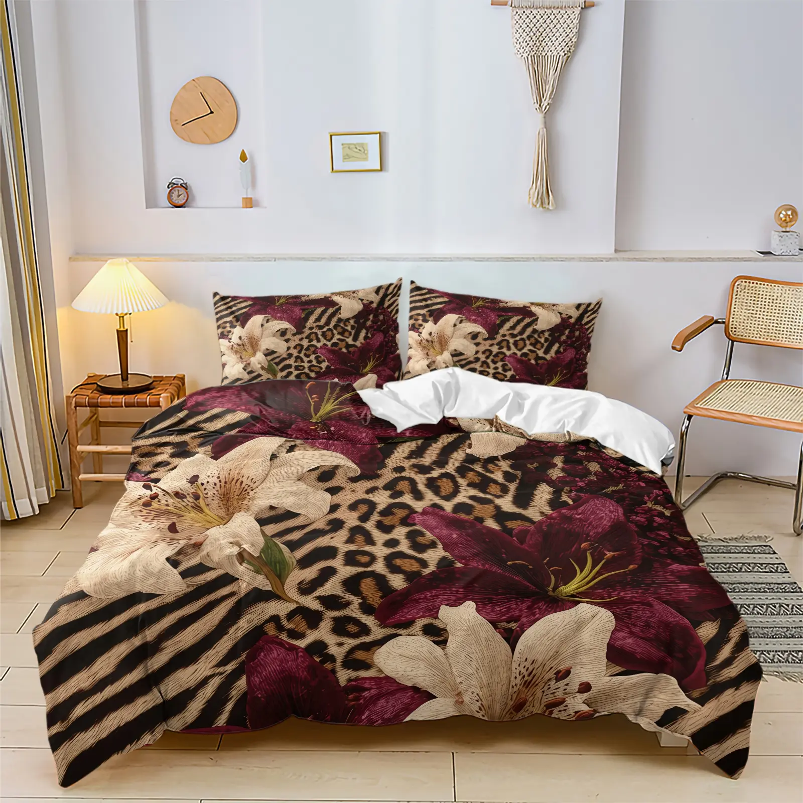 Leopard Zebra Lily Mixed Print Duvet Cover Set, Includes 1 or 2 Pillowcases, Mixed Animal Skin Boho Bedding, Tropical Vintage Floral Bed Set All Size, Breathable Anti-Pilling, Boho Bedroom Decor, Unique Gift For Women