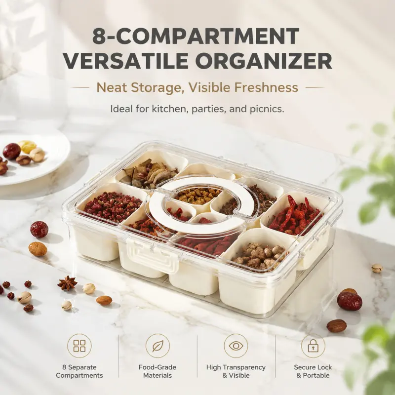 8-Compartment Food Storage Organizer | Leak-Proof, BPA-Free Divided Container, Food Storage Box for Spices, Snacks & Party Platters