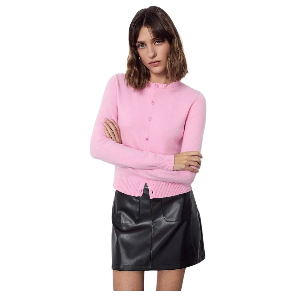 Womens Pink Knit Cardigan Long Sleeve Front Open Shoulder Elegant Office Wear Soft Comfortable Fitted Sweater For All Seasons Fall Winter Chic