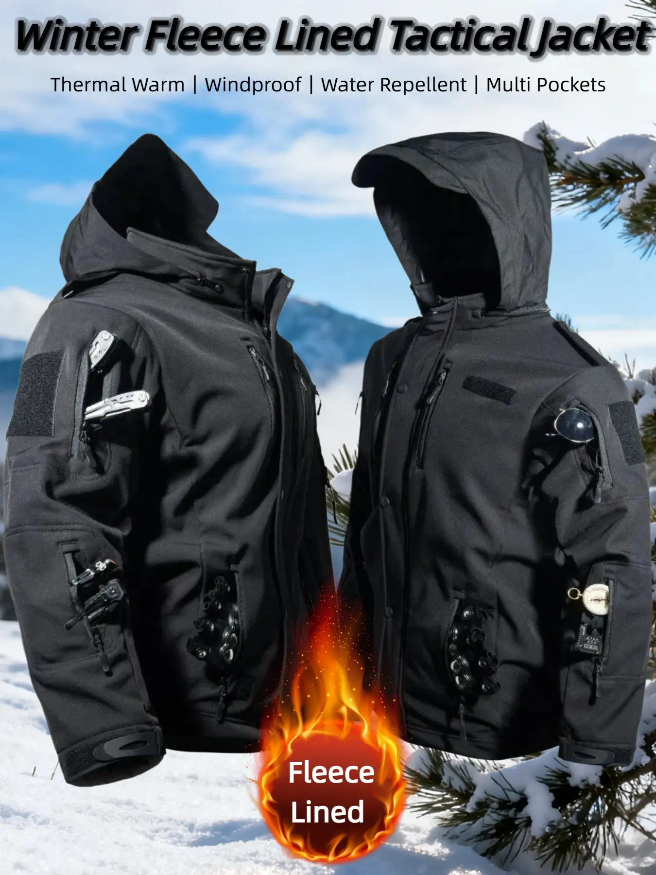 Men's Winter Shark Skin Softshell Jacket with Removable Hood, Windproof Waterproof Stain-Resistant Fleece Lined Warm Outerwear, for Hiking Commuting Tactical Outdoor Sports Training