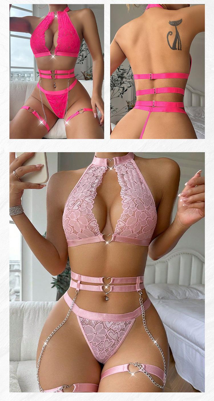 lingerie sets for women sexy [aceLingerie Set, Sexy Pink] 4pcs SexyLace Lingerie Set -Women's KnitFabric Underwear with Garter Belt andThigh Band, Hollow Spaghetti StrapDesign, 95% Polyester 5% Elastane,All-Season Solid Color, 90g/m Womenswear Comfort