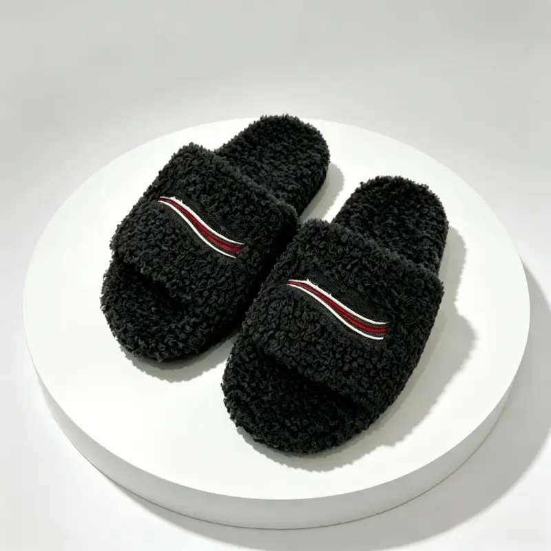 Fluffy Curly Plush Black Striped Indoor Slide Slippers Warm Comfort House Shoes